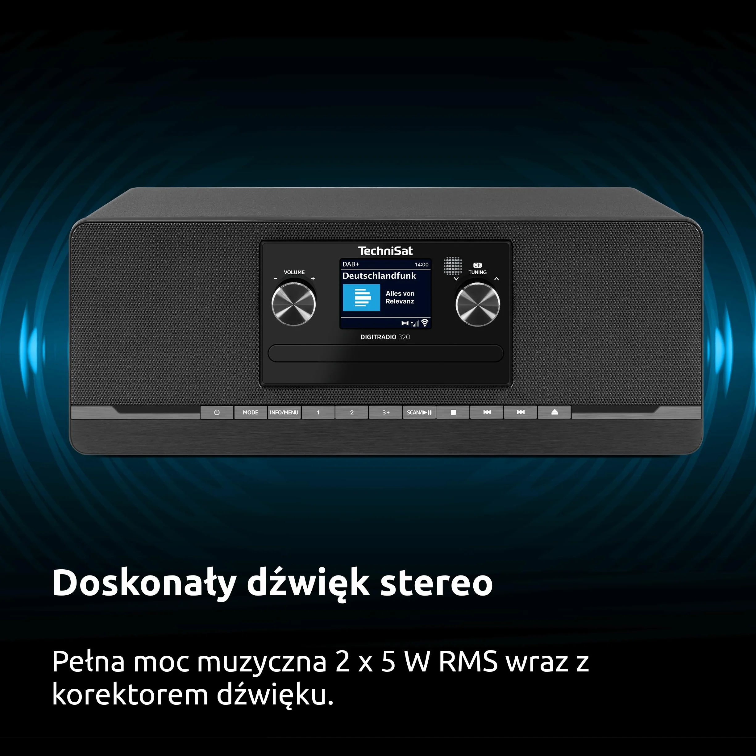 TechniSat DIGITRADIO 320 – Cyfrowe radio stereo (kompaktowy system z DAB+ i FM, odtwarzacz CD, Bluetooth, USB, 2×5 W RMS, kolorowy wyświetlacz TFT, pamięć ulubionych, budzik, timer snu, pilot)