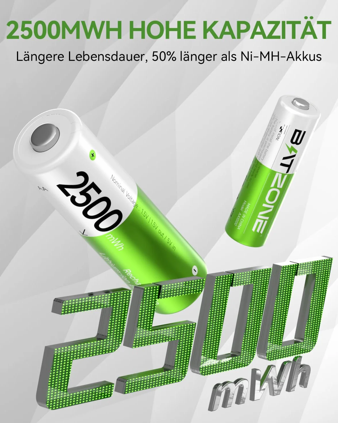 BATZONE Baterie litowo-jonowe AA 4-pak z ładowarką, 2500 mAh Wysoka pojemność 1,5 V baterie AA