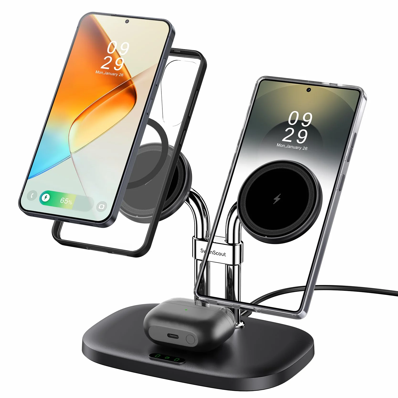 SwanScout podwójna stacja ładująca do Samsung Galaxy S26 Ultra/S26+/S26/S25/Z Fold/Z Flip/S24/S23 (wymagane magnetyczne etui do telefonów Samsung), do Galaxy Buds3 Pro, SwanScout 706SM