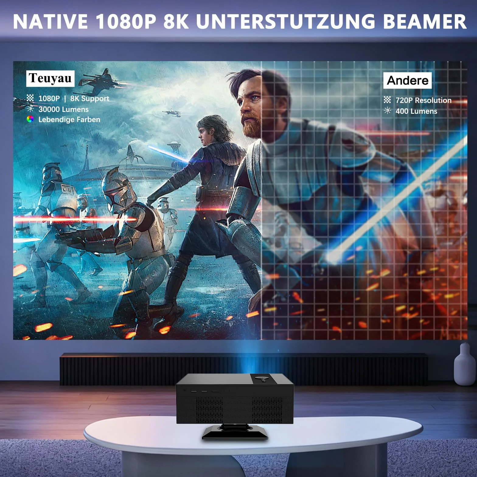 Inteligentny projektor 8K [kompatybilny z Netflix] 30000 lumenów, autofokus/automatyczna korekcja trapezu, projektor WiFi6 Bluetooth, 8K kina domowego, projektor wideo na zewnątrz z obrotowym o