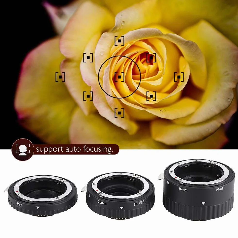 Pierścień adaptera obiektywu, 12 mm + 20 mm + 36 mm automatyczna rura przedłużająca obiektyw makro do lustrzanek cyfrowych z mocowaniem F(N-AF-B)