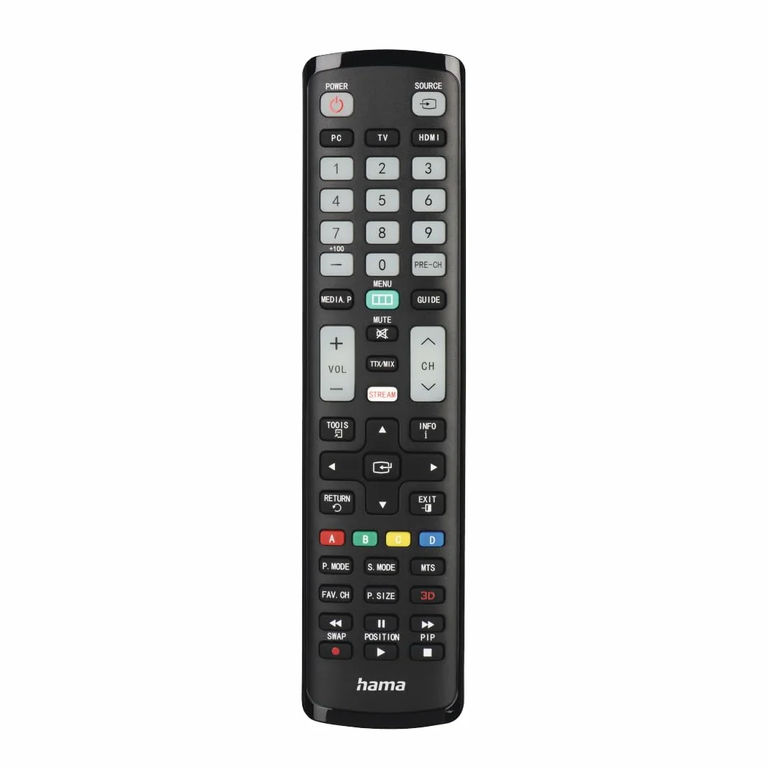 Hama uniwersalny pilot do telewizorów Samsung (podczerwień, gotowy do użycia, tryb uczenia się, luminescencyjne przyciski, tryb dla seniora, zasięg 10 m, 2x baterie AAA w zestawie)