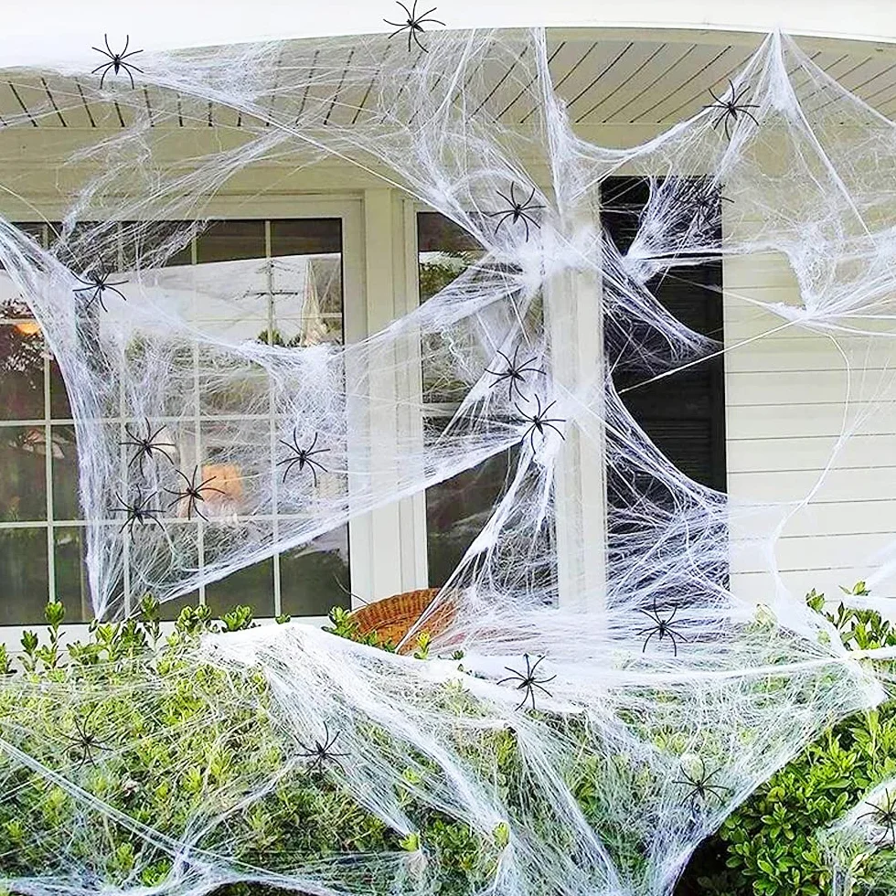 Bluelves 500 g pajęczyny + 25 pająków, dekoracja na Halloween, pajęczyna, dekoracja na Halloween, imprezę, horror, dekoracja na zewnątrz, na imprezę, do ogrodu