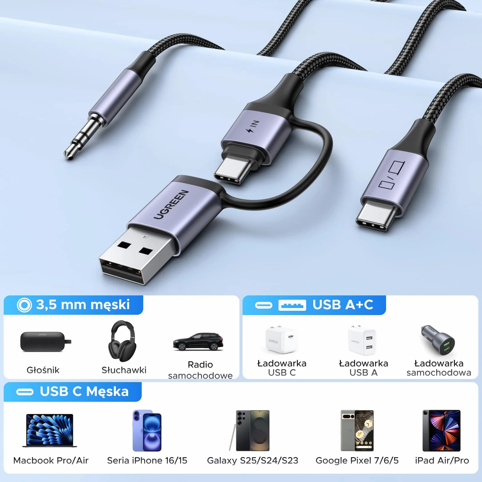 UGREEN Adapter USB-C na jack 3,5mm, 2w1 z 60W PD | kompatybilny z iPhone 17, Galaxy S25, iPad Pro itp., Hi-Res Audio, szybkie ładowanie 60W PD, Plug & Play, bez sterowników