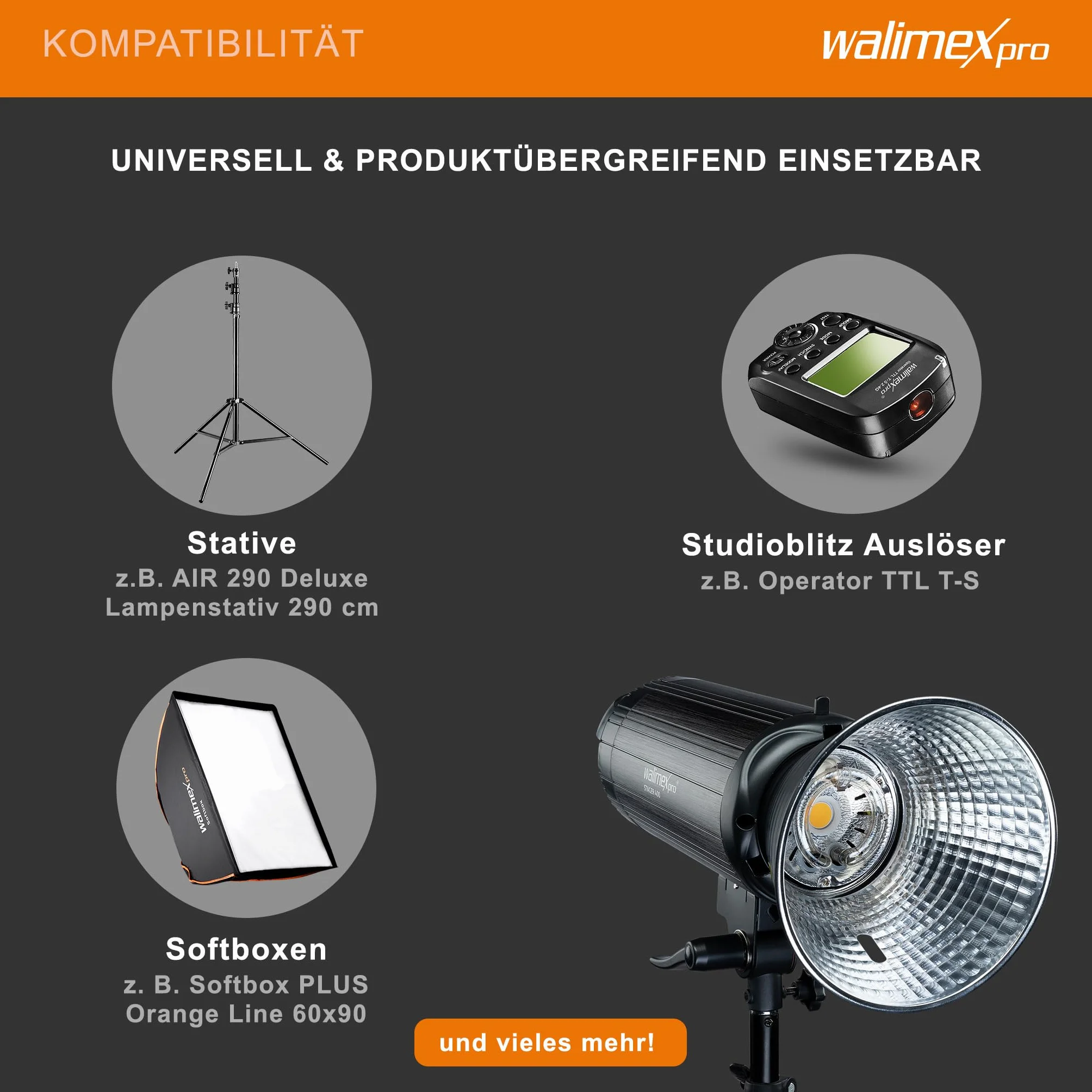 Walimex Pro Stager 400 HSS lampa studyjna – wydajna lampa studyjna z odbiornikiem 2,4 GHz, tryb HSS, 400 W, krótki czas palenia, światło LED do regulacji, dla profesjonalnych fotografów