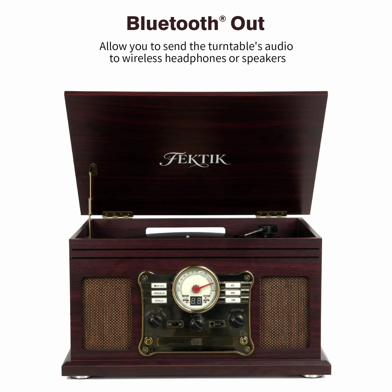 FEKTIK Gramofon Bluetooth 10 w 1, 3-biegowy gramofon z napędem pasowym z głośnikami, wejście i wyjście Bluetooth, CD, kaseta, radio FM, bezprzewodowe przesyłanie strumieniowe