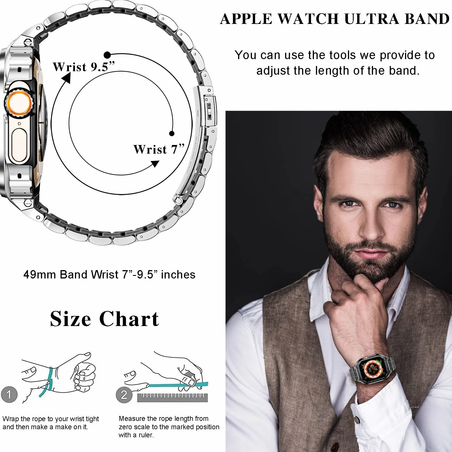 HASLFM Pasek do zegarka Apple Watch z etui, kompatybilny z iWatch Series Ultra (49 mm) 8/7 (45 mm/41 mm) 6/5/4/SE (44 mm/40 mm) 3/2/1 (42 mm/38 mm), paski do iWatch ze stali nierdzewnej i metalowy