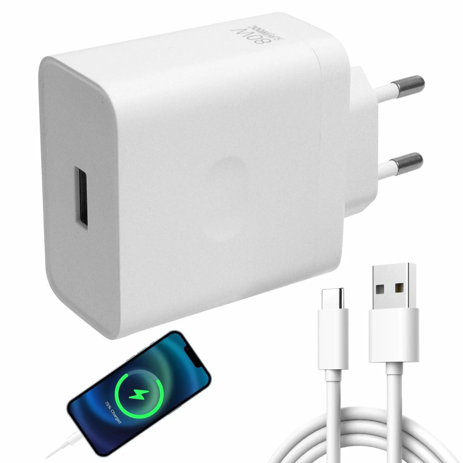 80W USB-C Ładowarka do Oppo Super-VOOC, ładowarka super-vooc z kablem USB-A na C do Oppo Find X7/X6/X5/X3/Reno 11/10/8/7/6 do OnePlus 11/10T Nord 2T/10 Pro do Realme GT/9 Pro