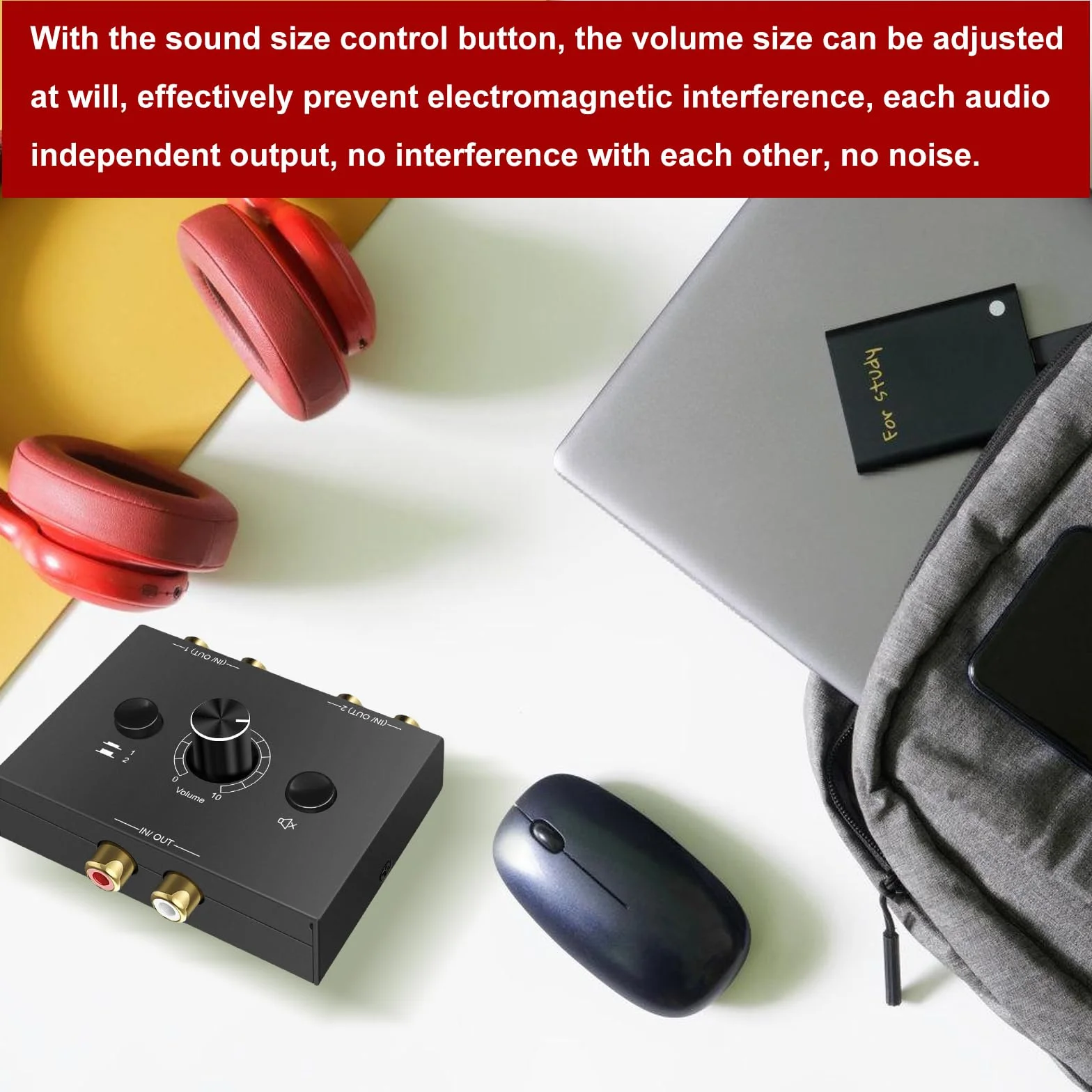 RCA Stereo Audio Switch 2(1)-IN-1(2)-OUT, R/L Regulacja Głośności, dwukierunkowy Aux Sound Selector Splitter Box do odtwarzacza CD, komputera, głośników