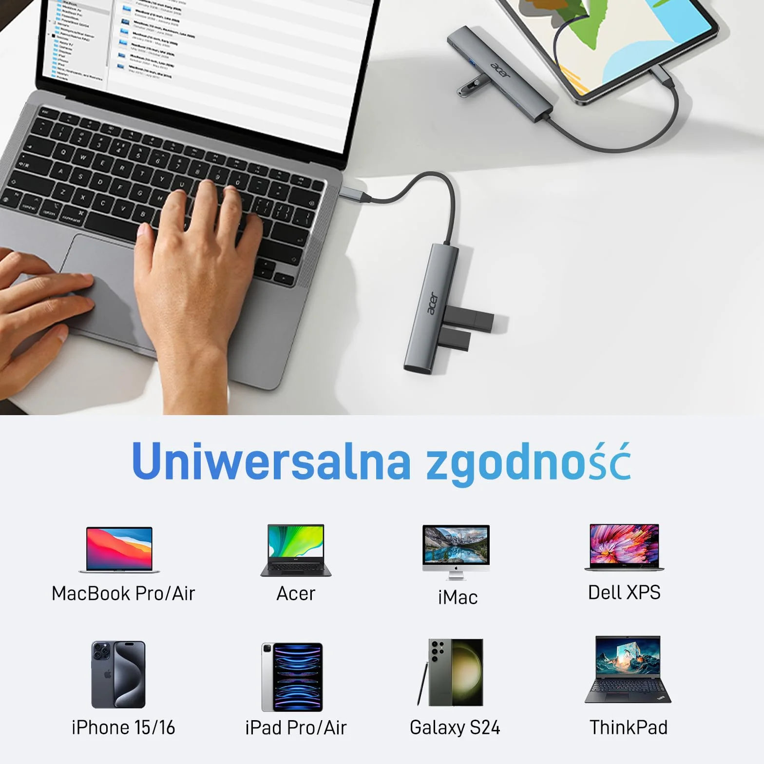 acer Hub USB C z HDMI 4K, aluminiowy adapter wieloportowy USB-C 5 w 1 z 3 portami USB-A, moc 100W, rozdzielacz typu C, kompatybilny z laptopem, tabletem, MacBookiem M3/M2, XPS, iPadem Pro itp.