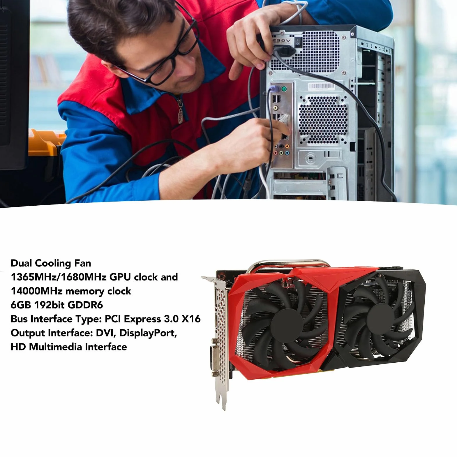Karta Graficzna do Gier RTX 2060 6 GB, Karta Graficzna GDDR6 192-bitowa PCIE 3.0X16 Karta Graficzna do Gier Wideo z GPU Podwójne Wentylatory Zamrażające do Komputera Stacjonarnego
