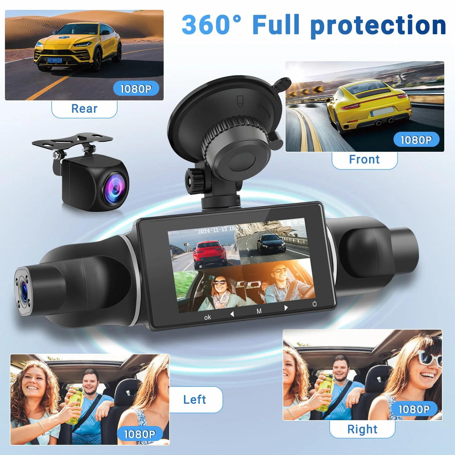 Kamera samochodowa z przodu 2K, wyświetlacz IPS 3" i 5G WiFi i karta 64 GB, obracana o 360°, kamera samochodowa z noktowizorem WDR, czujnik G, aplikacja Control, nagrywanie w pętli, szeroki kąt