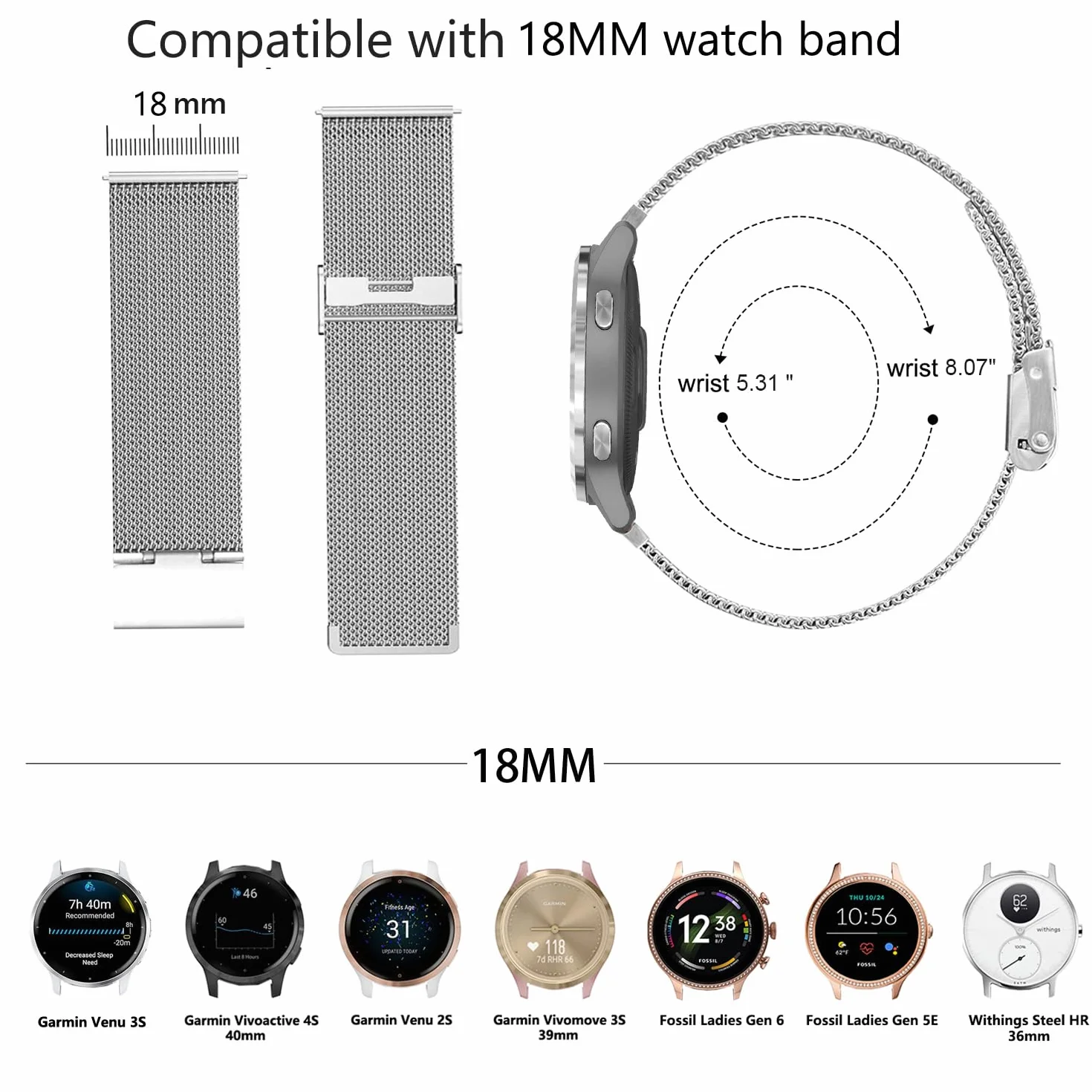 Pasek do Garmin Vivoactive 4S Venu 2S Vivomove 3S, 18mm Stal nierdzewna Metalowy