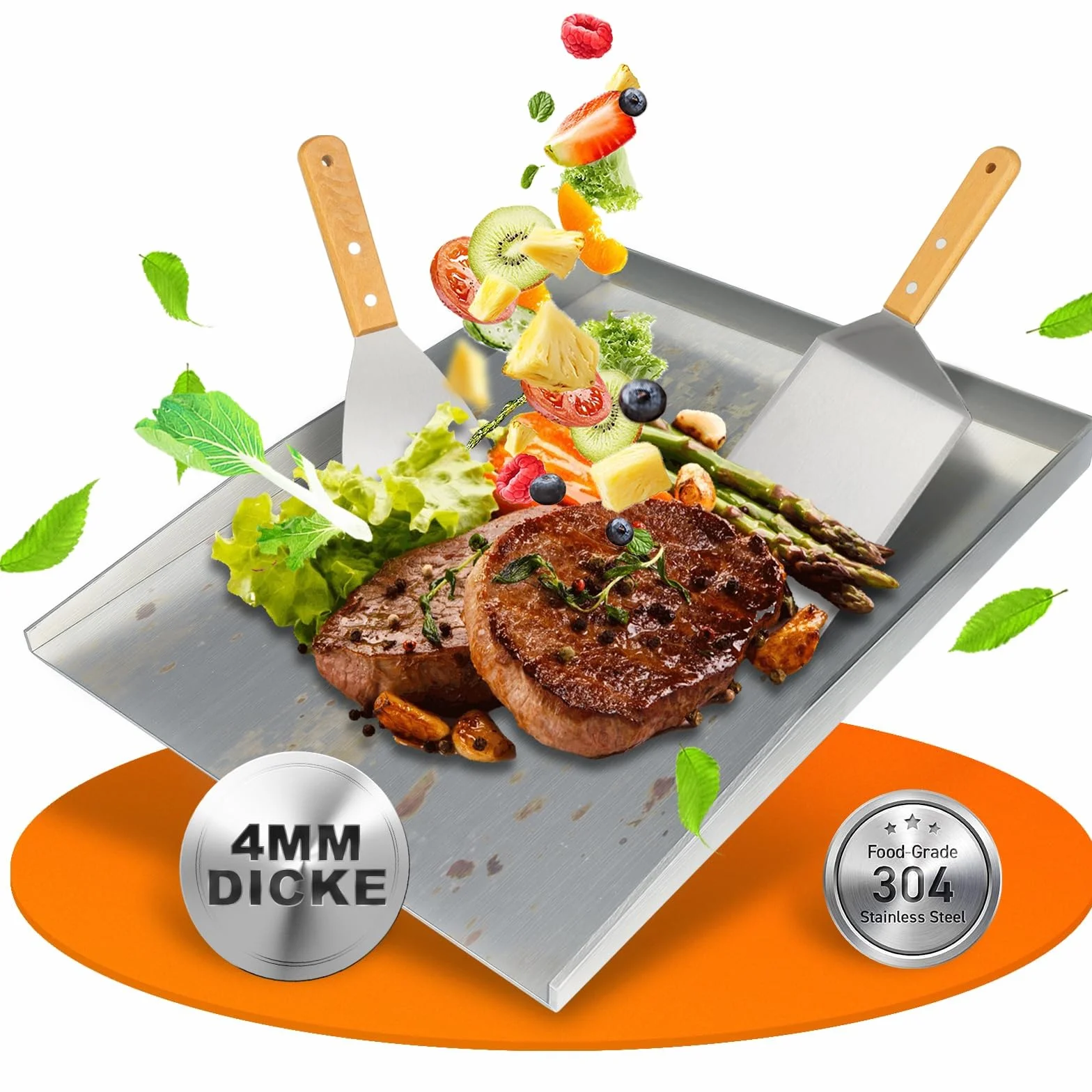 Płyta grillowa Plancha 4 mm, 30 × 40 cm, szczelna konstrukcja grilla Plancha. Wyposażony w 2 grube łopatki do grillowania. Płyty grillowe Plancha na uroczystości rodzinne, idealnie nadają się do