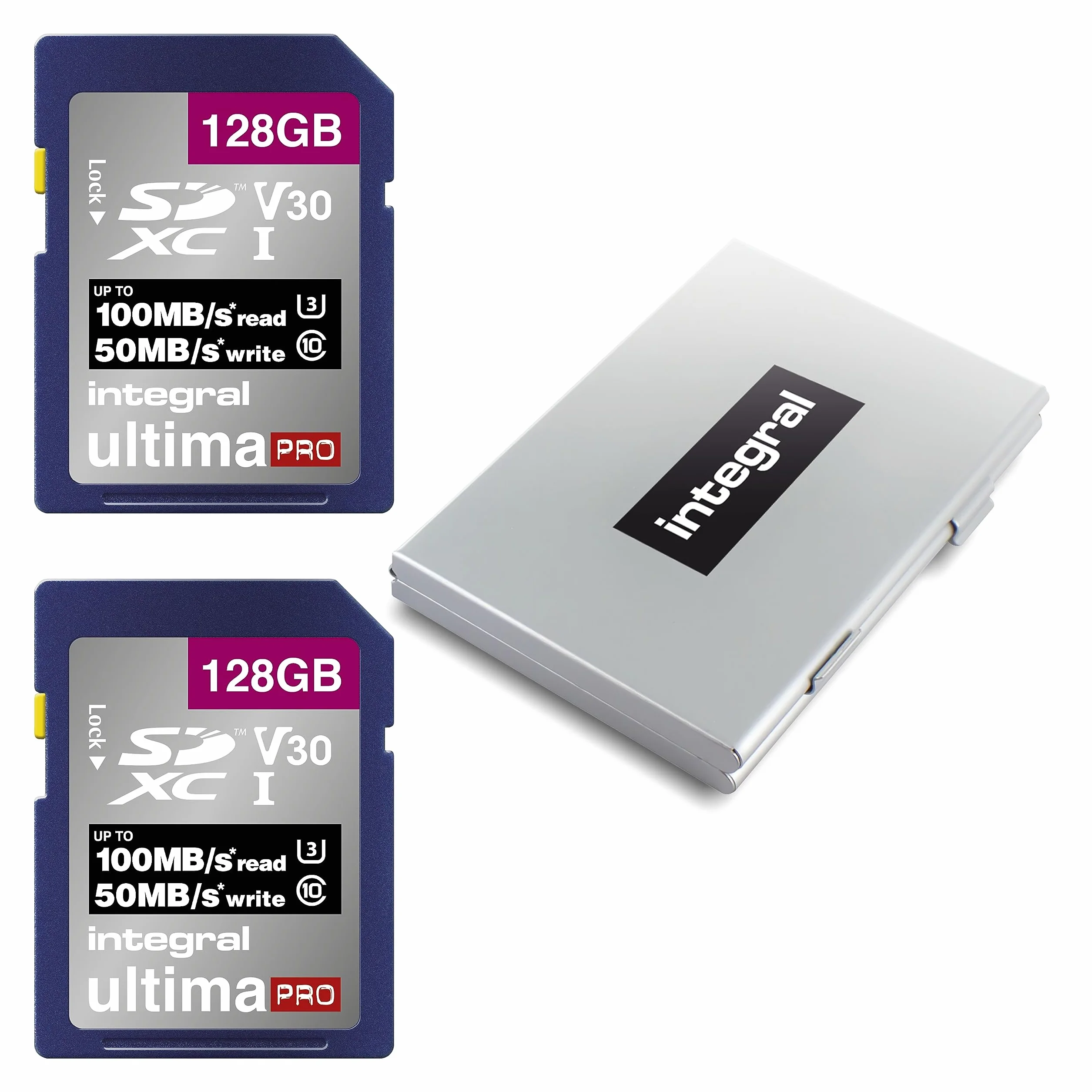 Integral Karta SD 128 GB, 2-pak wideo 4K Ultra-HD, karta pamięci premium o wysokiej prędkości, SDXC do 100 MB/s SDXC V50 UHS-I U3 klasa 10 karta pamięci SD