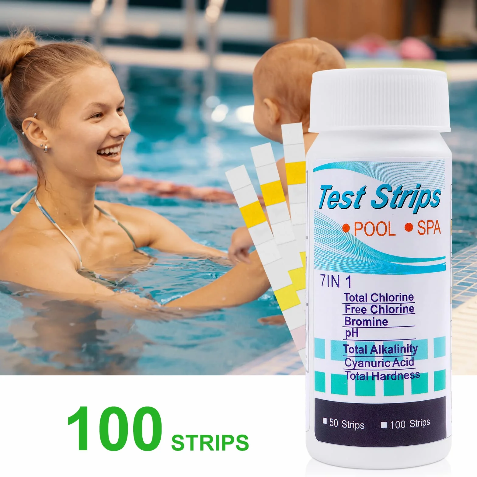 Flintronic 100 pasków testowych do basenu i spa 7 w 1 pH brom twardość chlor