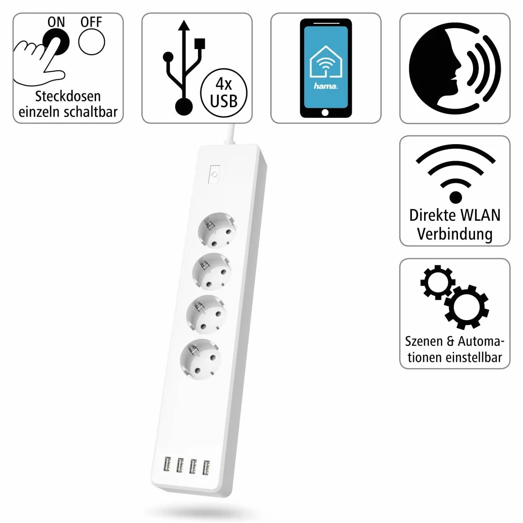 Listwa zasilająca WLAN Hama z 4 gniazdami (pojedyncze przełączanie, listwa z 4 gniazdami z zabezpieczeniem przed przeciążeniem, sterowanie za pomocą aplikacji i głosem, natężenie 10 A), biała