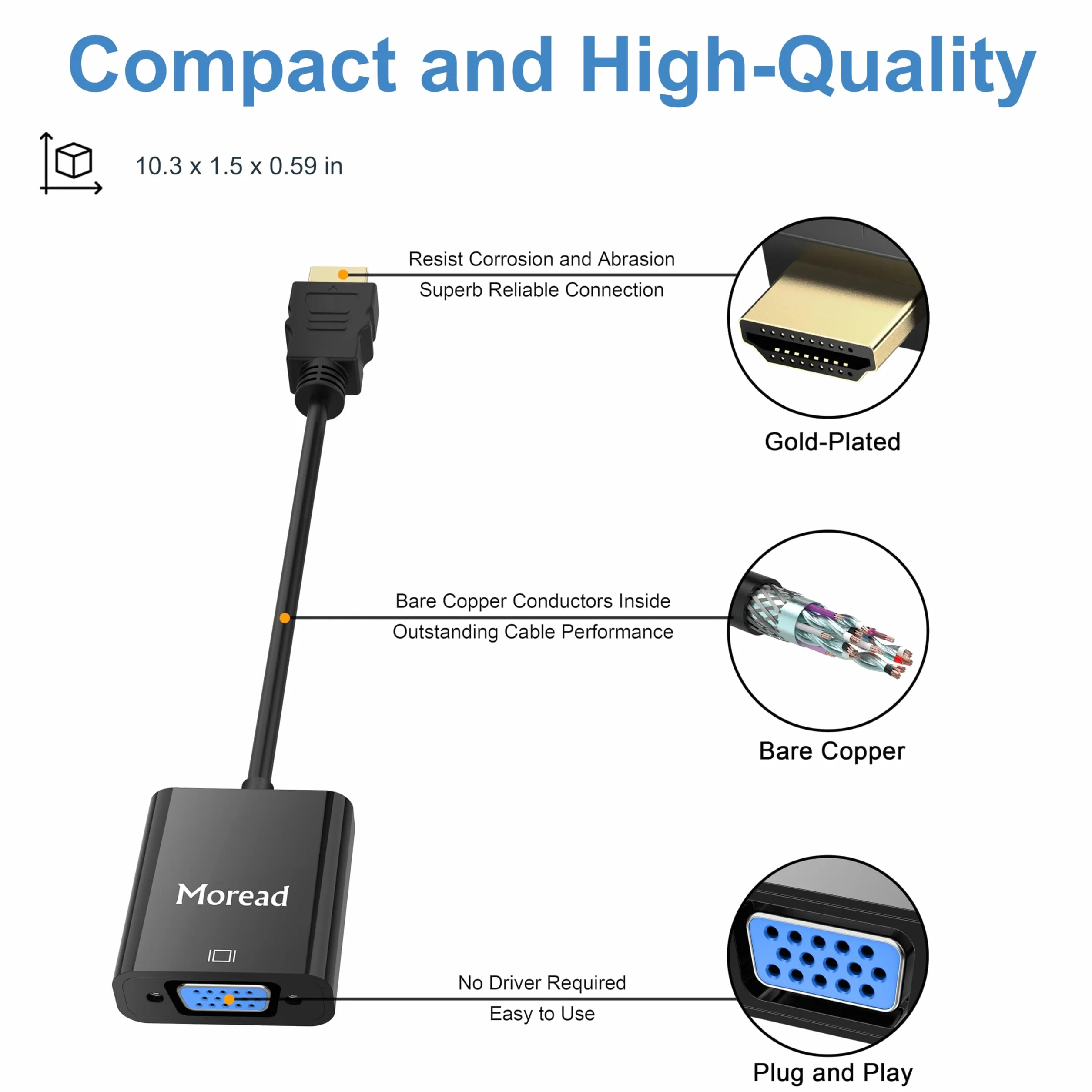 Adapter HDMI na VGA, pozłacany Moread adapter HDMI na VGA (męski na żeński) do komputera, komputera stacjonarnego, laptopa, monitora, projektora, Chromebooka, Raspberry Pi, nie tylko, czarny