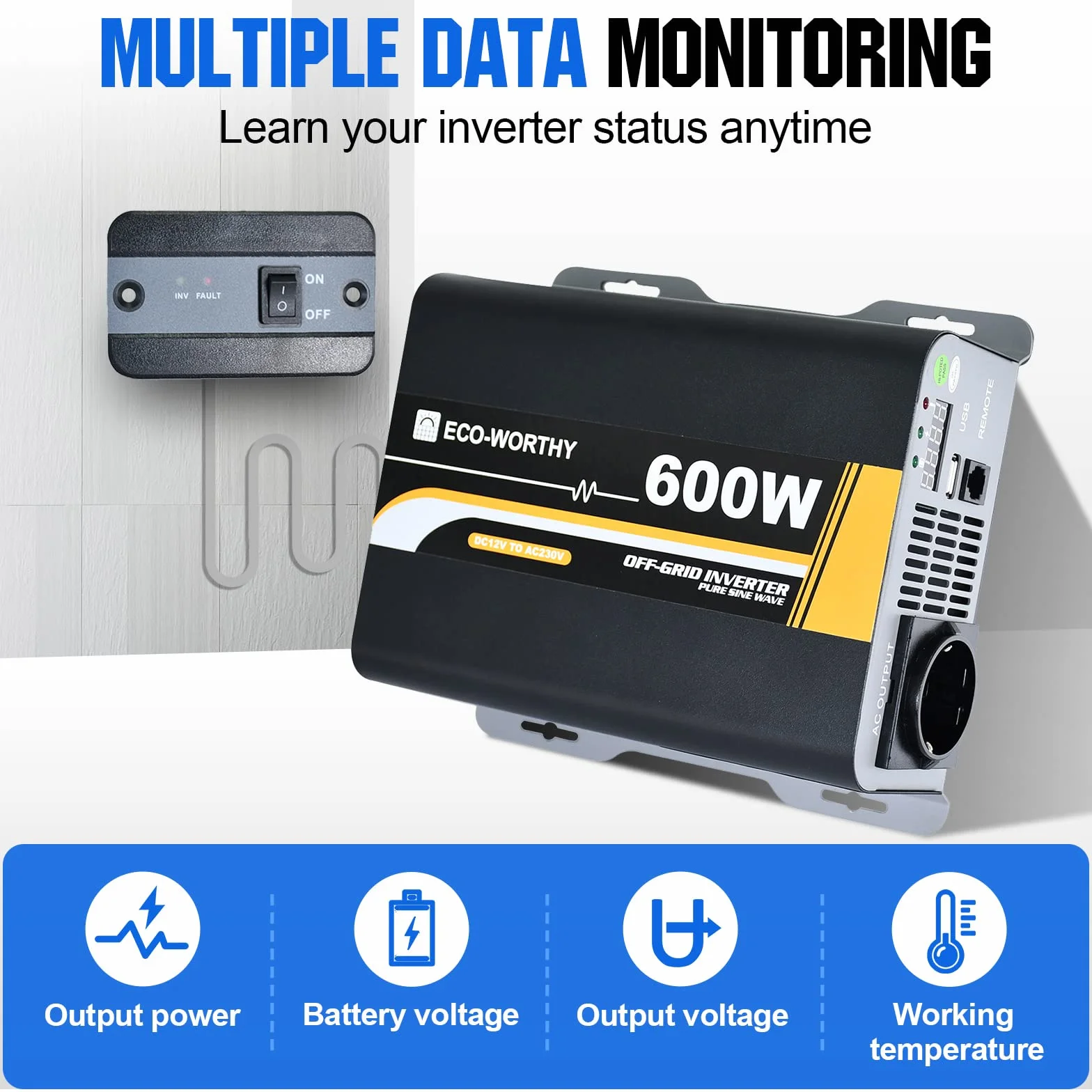 ECO-WORTHY 600 W, 12 V-230 V AC, Off-Grid falownik solarny fala sinusoidalna DC z pilotem zdalnego sterowania i bezpiecznikiem, do samochodu, przyczepy kempingowej, pojazdów kempingowych i systemów