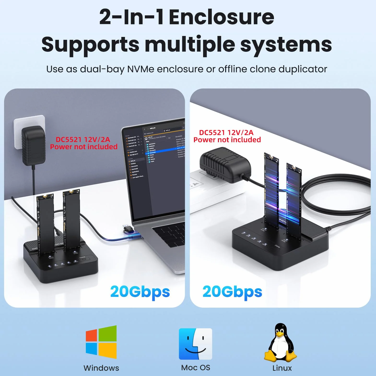 NVMe M.2 Double Bay Cloner, adapter M-Key na USB-C Type-C, offline Backup Box z klonowaniem jednym kliknięciem, szybki, pionowy powielacz 20 Gb/s