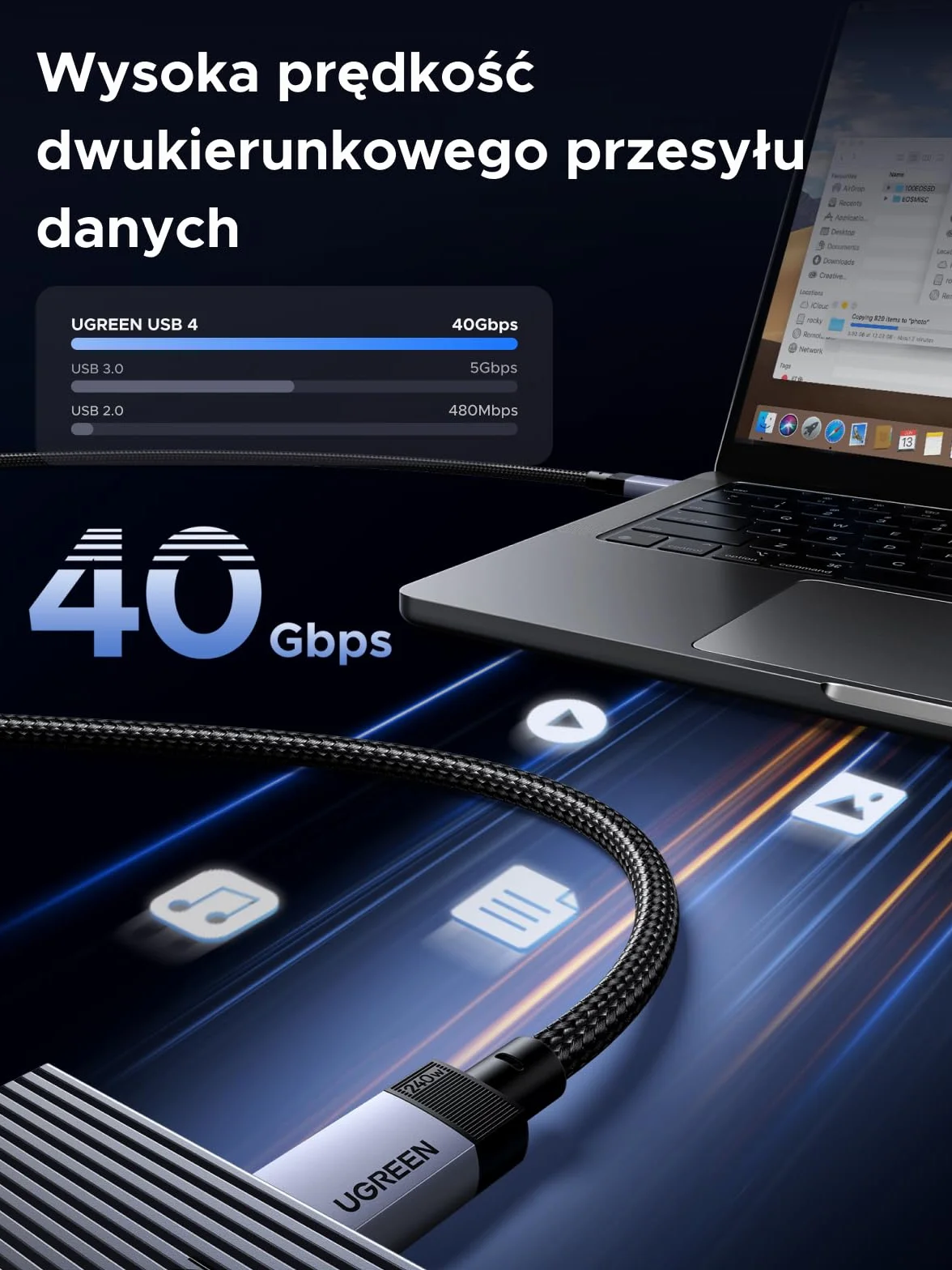 UGREEN 40 Gbps USB-C kabel z szybkim ładowaniem 240W, przesył 4K | Dla iPhone 17/16, MacBook, iPad, Galaxy S26, Steam Deck, monitory, stacje dokujące i urządzenia USB‑C. (40 Gbps 1M)
