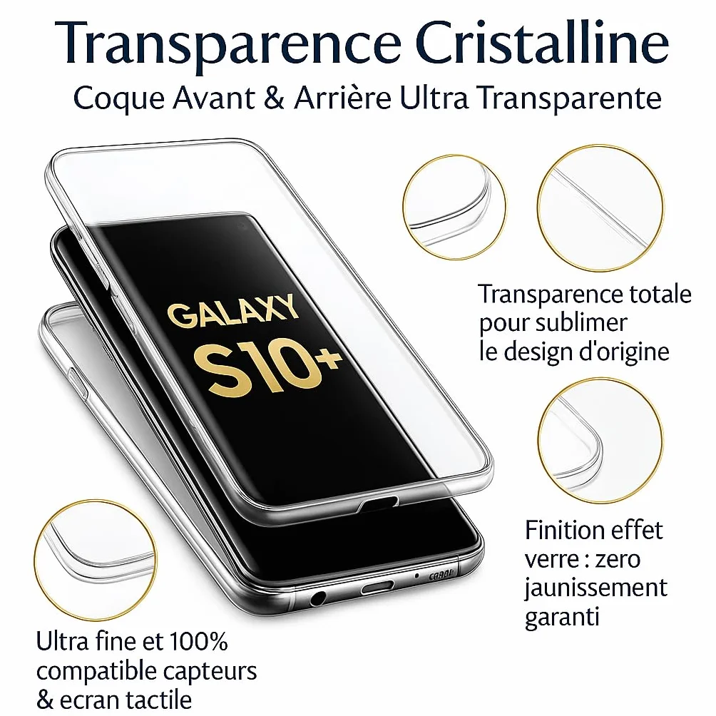 Ancile ® Samsung Galaxy S10 Plus 360° przezroczysta podwójna pełna ochrona silikonowa odporna na wstrząsy, obudowa do S10+