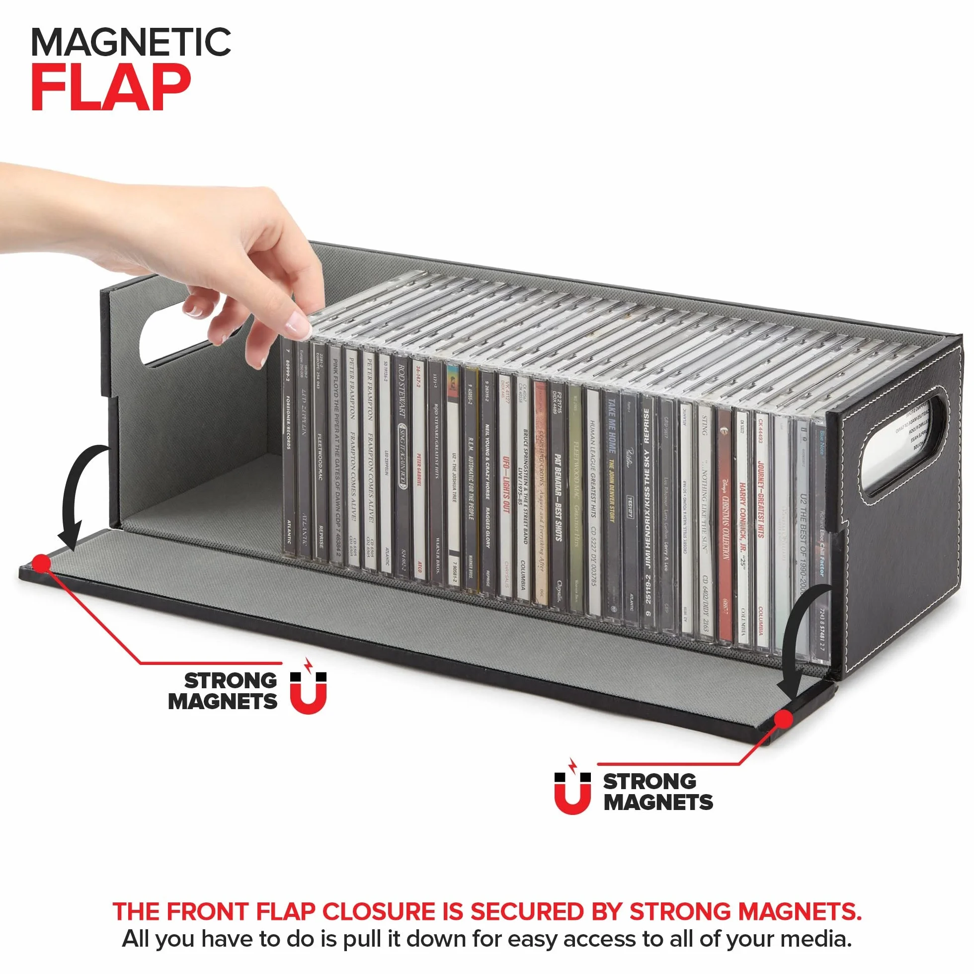 Stock Your Home CD Storage Box, Organizer Shelf for Movie Cases, DVDs, Cassette Tape Display Stand, Disc Holder Can Store Up to 40 CDs, Faux Leather (Black)