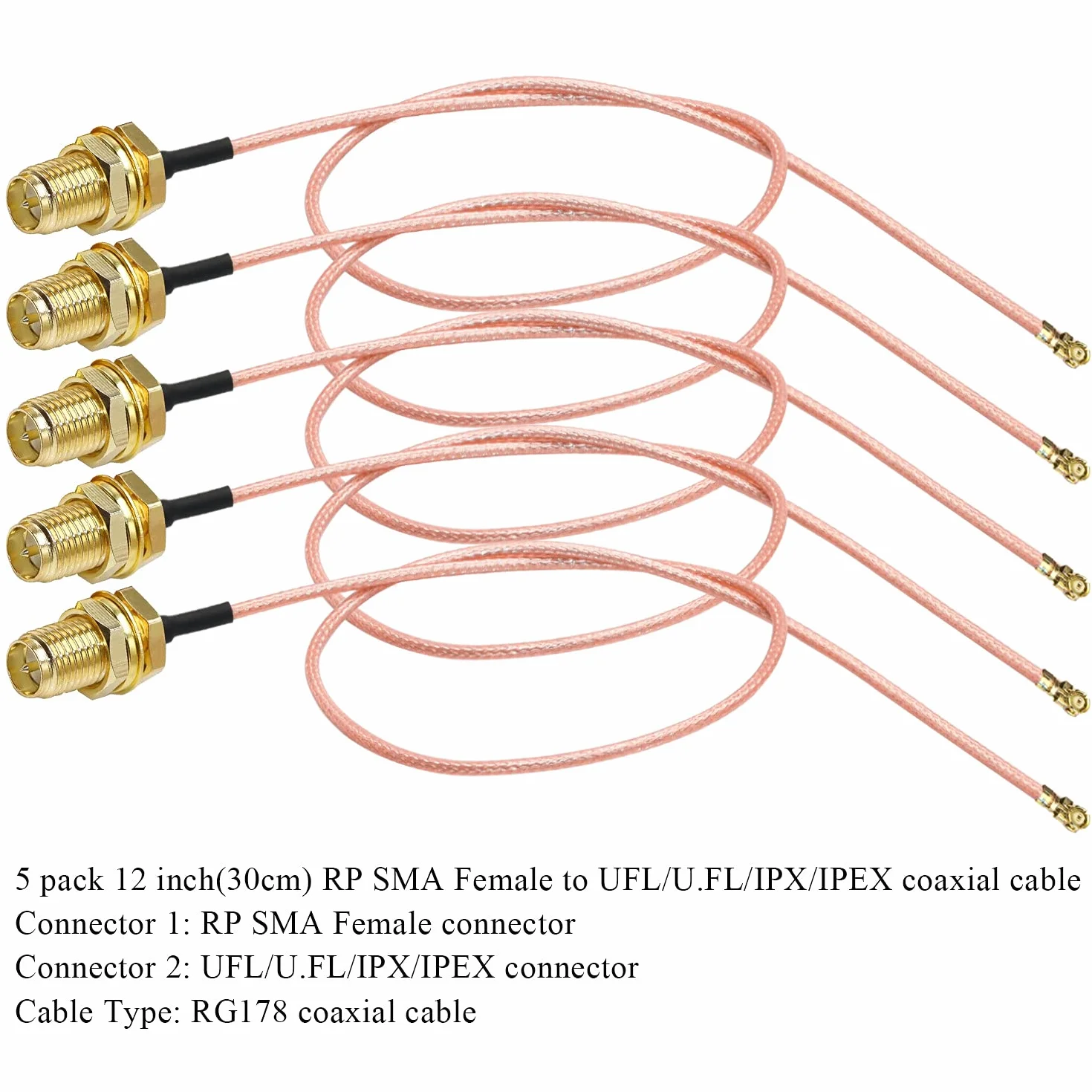 TUOLNK Kabel koncentryczny RP-SMA do IPX UFL U.FL MHF1 do RPSMA Gniazdo Pigtail kabel koncentryczny o niskiej stratności do routera WiFi, mini PCI, kabel anteny przedłużającej 12 cali (30 cm), 5 sztuk