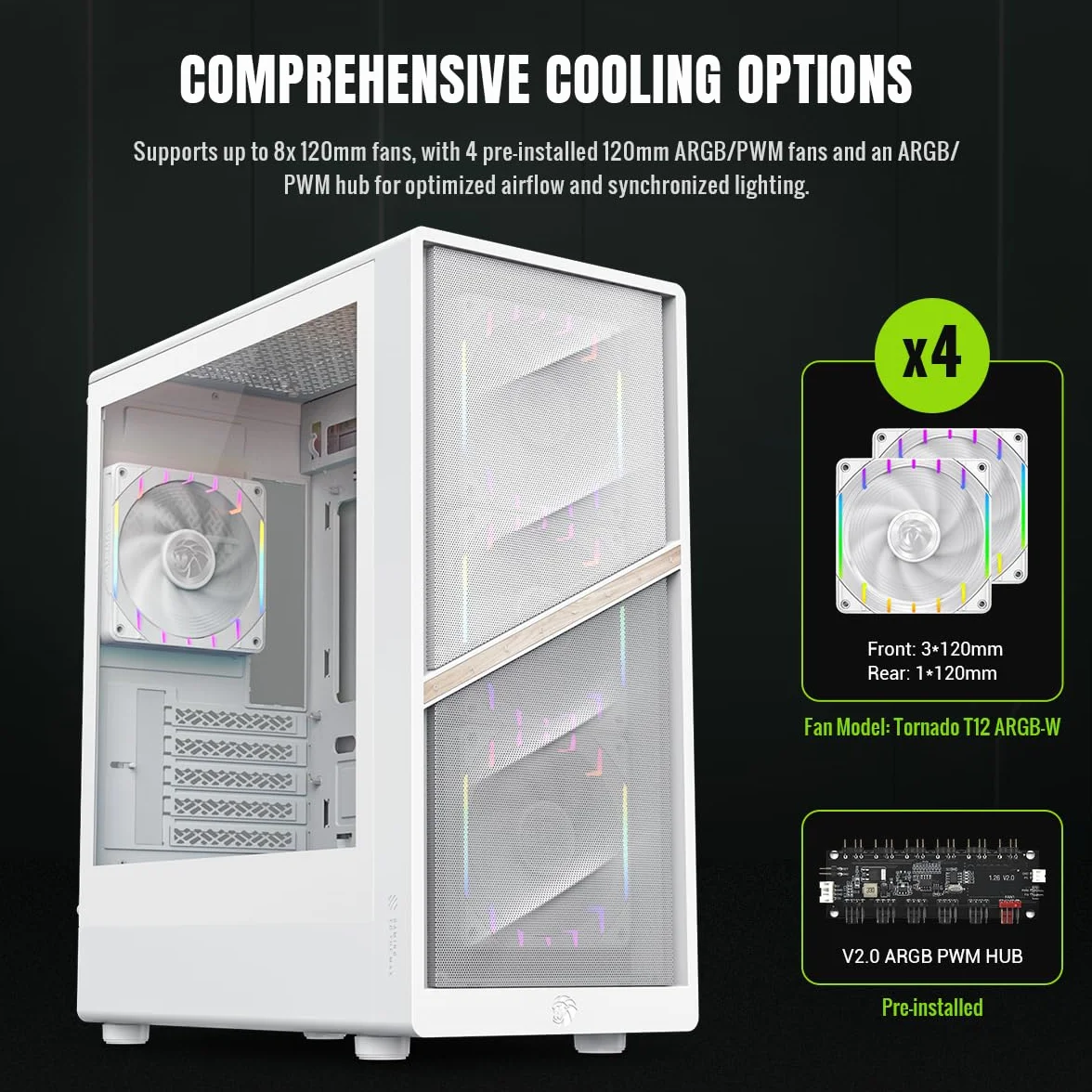 GAMEMAX AERIS 330 MW M-ATX PC obudowa do gier, z 4 wentylatorami ARGB, GPU 330 mm, grzejnik 240/360 mm, USB-C, pamięć wielofunkcyjna, biała
