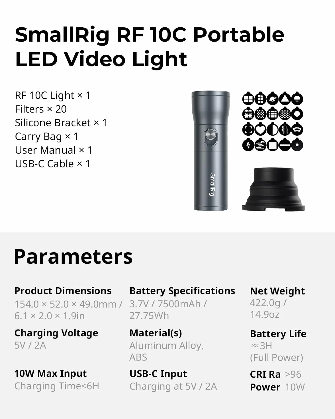 SMALLRIG RGB LED Photography Flashlight, 7500mAh, Stop Aluminium, Wzorzyste światło Otoczenia, 4-kolorowe światło Wypełniające z 20 Wzorzystymi Filtrami światła, Akcesoria RF10C - 4634 | Lampa nastrojowa ze stopu aluminium, wypełnij światło z 20 filtrami