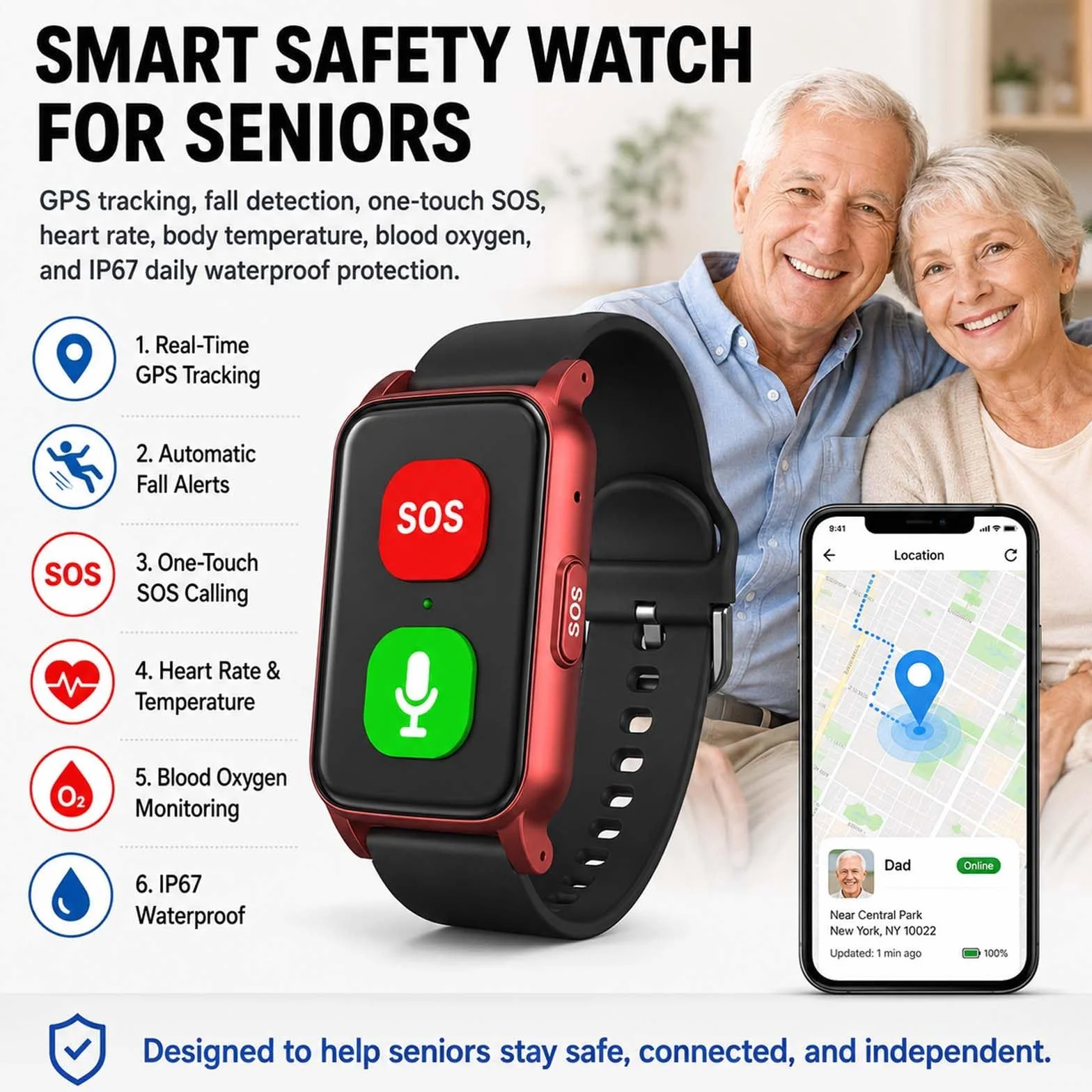 Inteligentny zegarek z monitorem tętna dla seniorów ze śledzeniem GPS, wodoodporny tracker zdrowia osób starszych, bransoletka SOS z ostrzeżeniem o upadku, dla osób starszych, czerwony