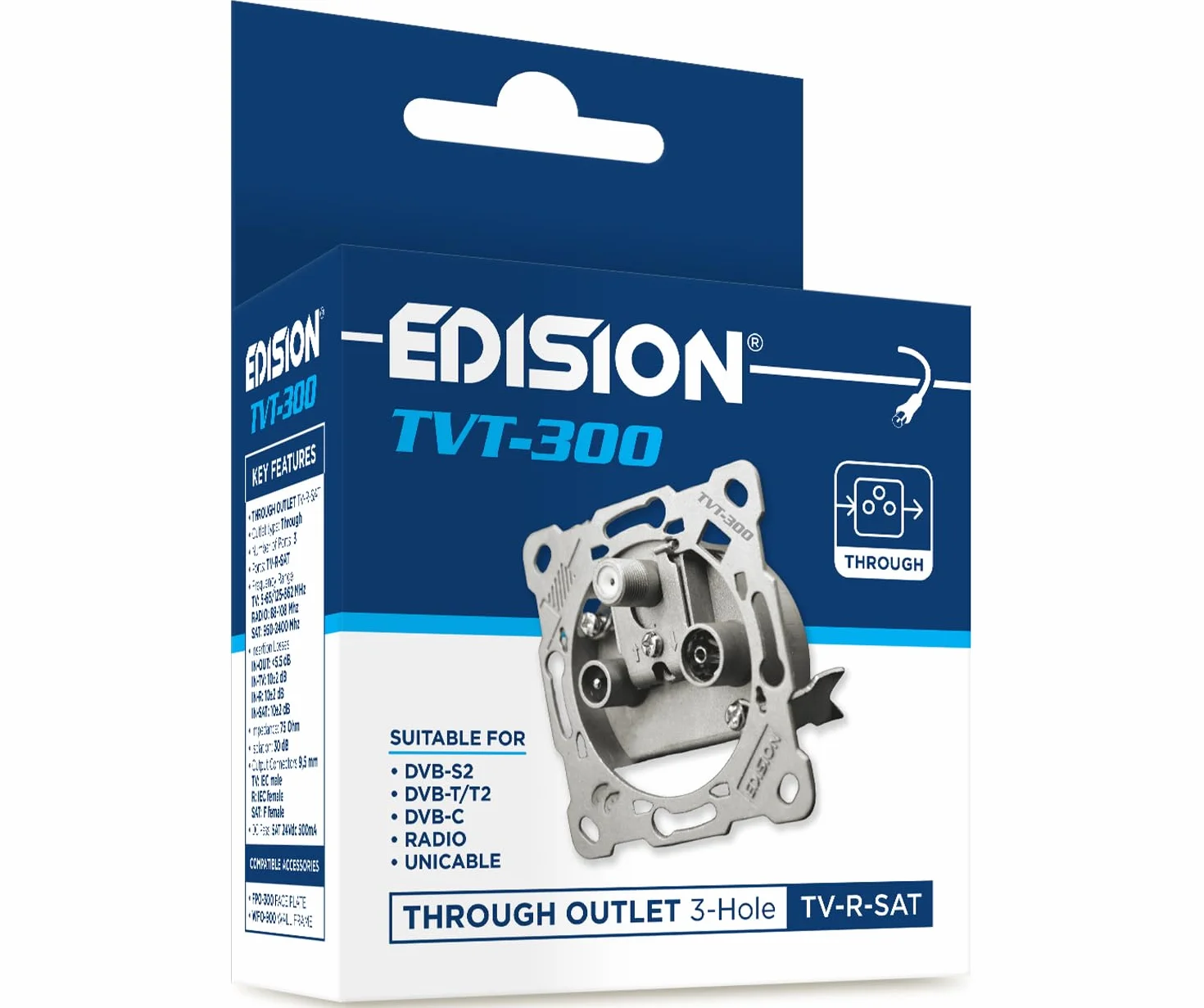 EDISION Gniazdo antenowe Sat Universal TVT-300, gniazdo przejściowe TV-R-SAT podtynkowe 3-otworowe, nadaje się do Sat DVB-S2, Unicable, naziemny DVB-T/T2, kabel DVB-C, radio, FM, DAB+, DC-Pass, 3