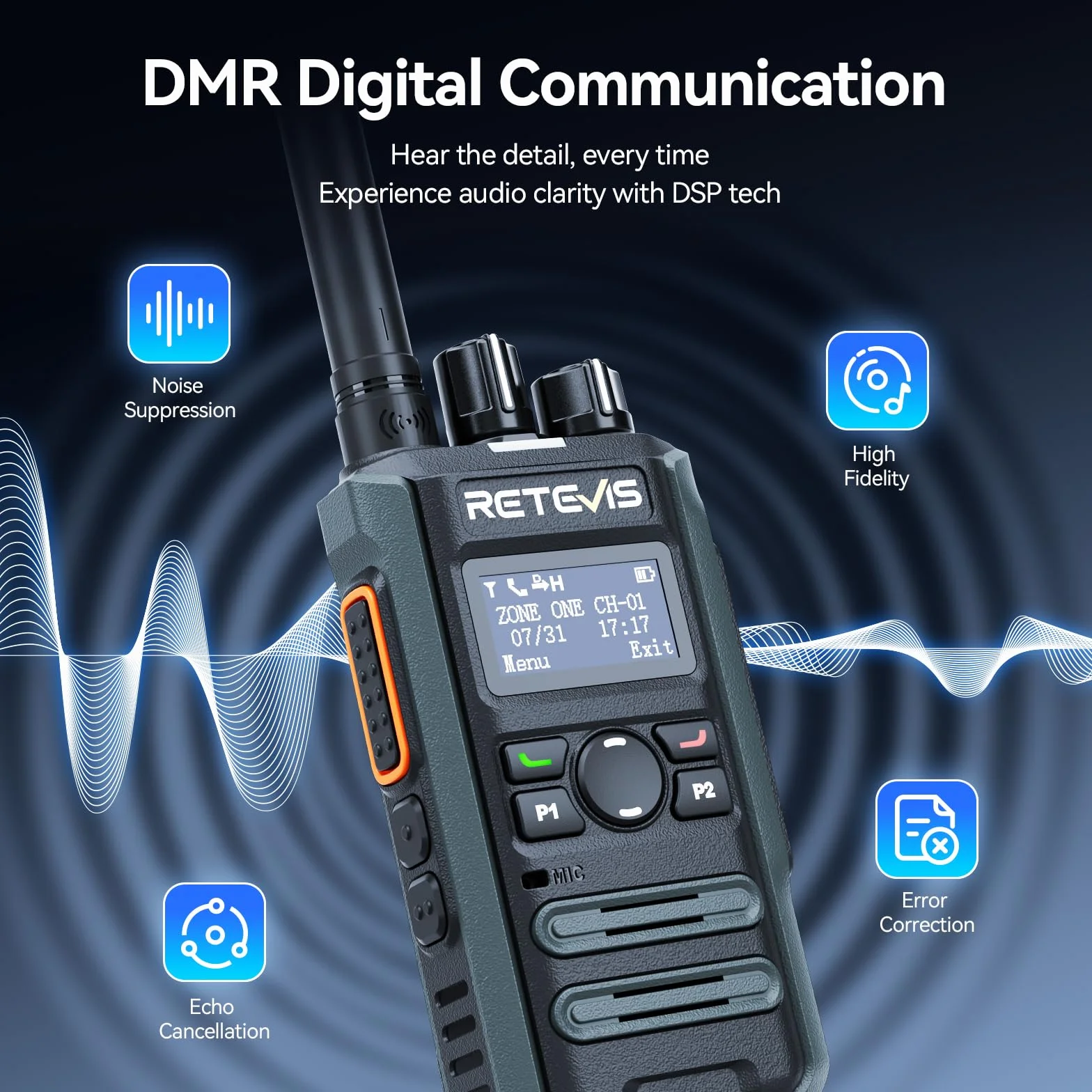 Retevis MateTalk P3 Dwukierunkowe Radiotelefony DMR ze Słuchawką, Szybkie Ładowanie, Krótkofalówki o Dużym Zasięgu, Połączenia Grupowe, Ekran LCD, Komercyjne Cyfrowe Radio dla Szkół (4 sztuki)