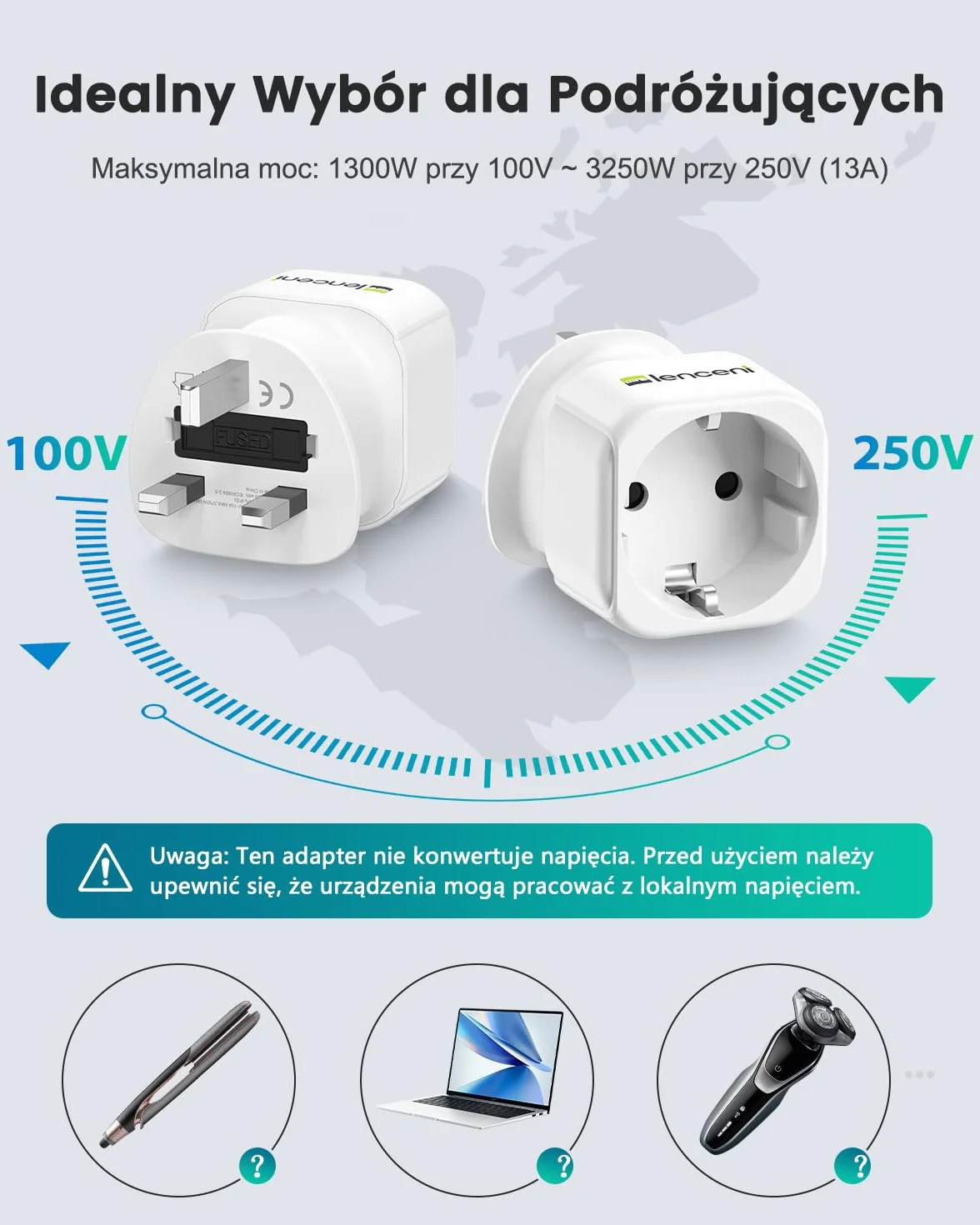 LENCENT 2 sztuki Adapter Podróżny Poland do UK Wtyczka, Typu-G Wtyczka Podróżna Adapter 2-pinowy do 3-pinowy, AC Schuko Adapter do Wielka Brytania, Irlandia, Dubaj, Malezja, Singapur ładowarka ścienna