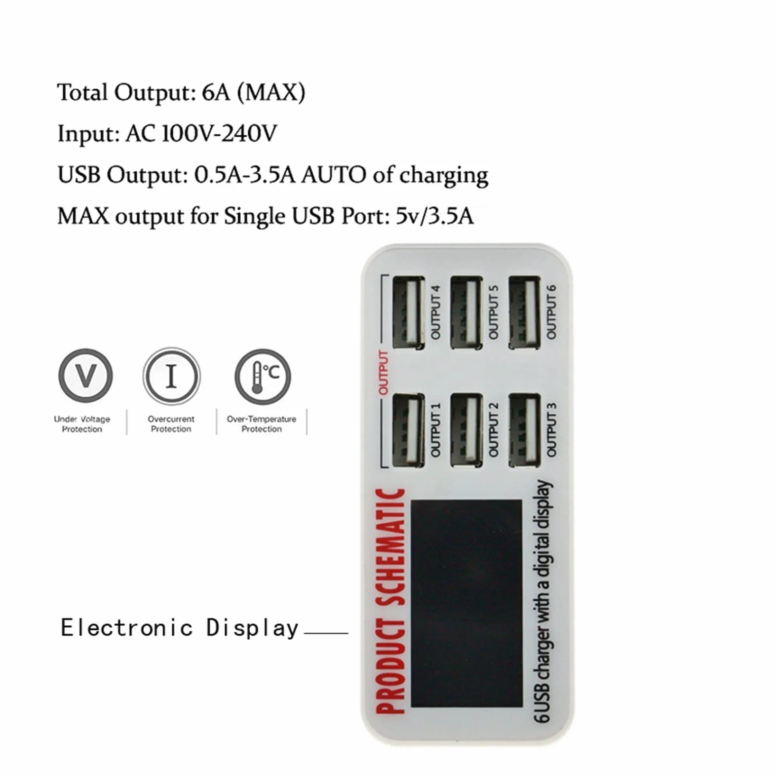 Ładowarka USB, 6A z cyfrowym wyświetlaczem LCD 6-portowa szybka inteligentna stacja ładująca do tabletów telefonicznych smartfonów, użytku w biurze domowym Przenośny(896)