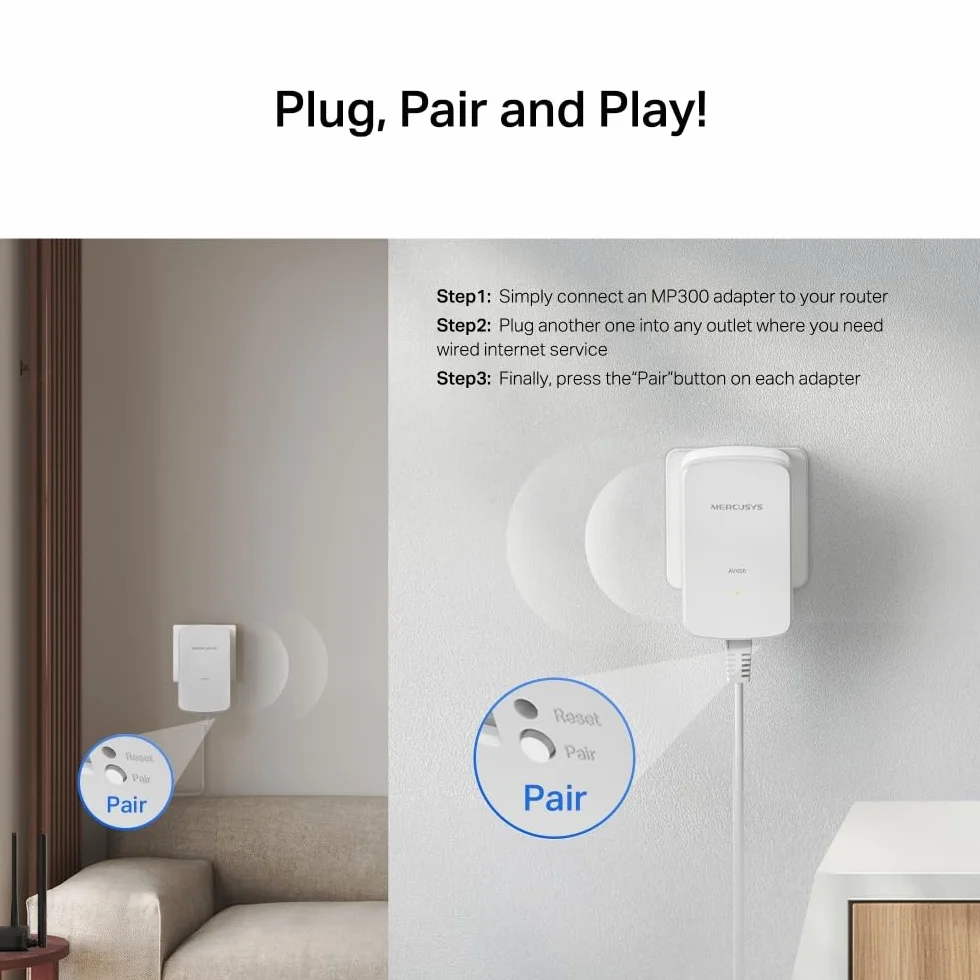 MERCUSYS MP300 Powerline Kit Homeplug AV2 do 600 Mb/s, do 300 metrów, port LAN, Plug and Play, kompatybilny ze wszystkimi routerami, oszczędność do 85% energii