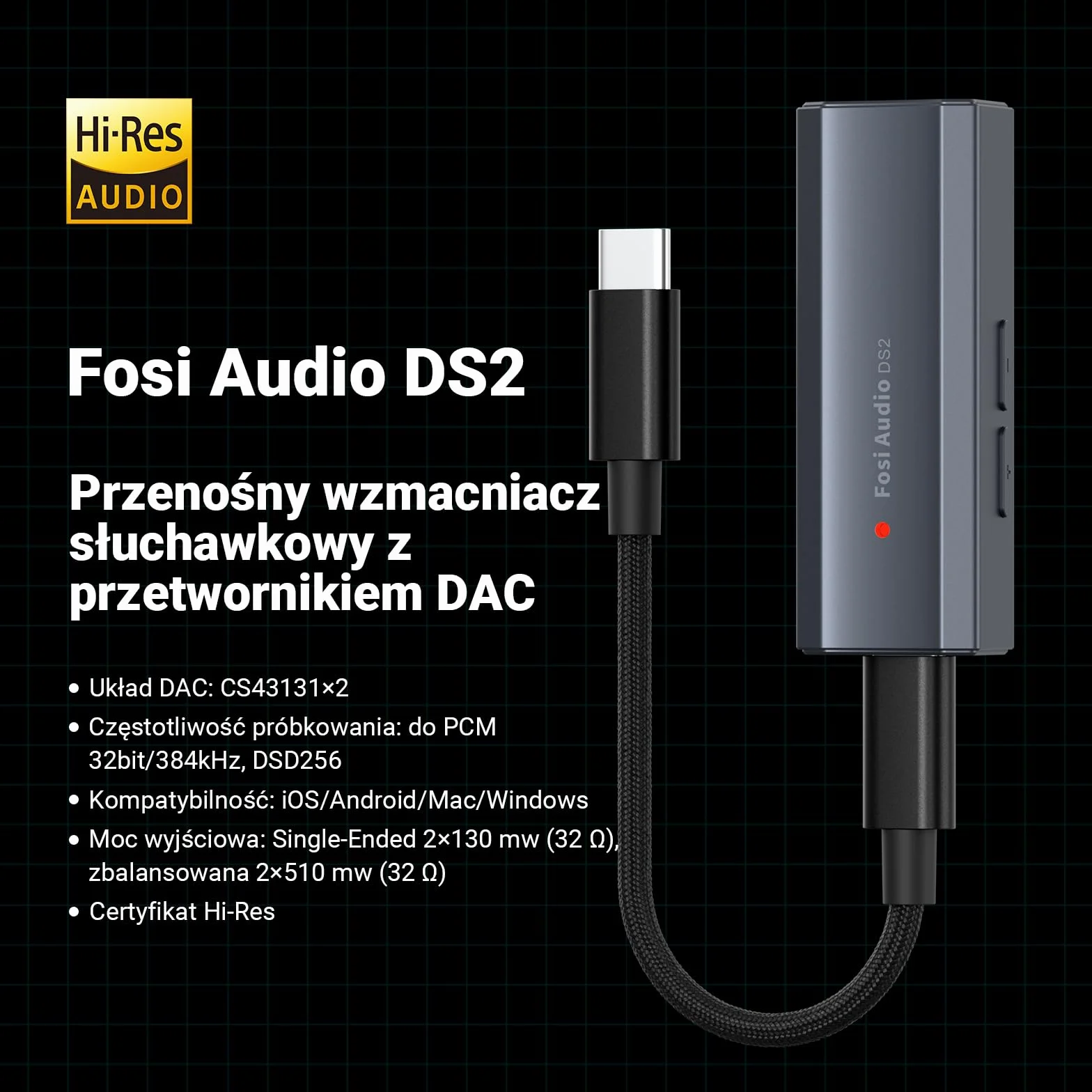 Fosi Audio DS2 USB C do AUX Wzmacniacz słuchawkowy DAC Dongle 3,5 mm Jack Adapter audio Przenośny wzmacniacz z podwójnym wyjściem DSD256 4,4 mm Zbalansowany układ CS43131 o wysokiej rozdzielczości