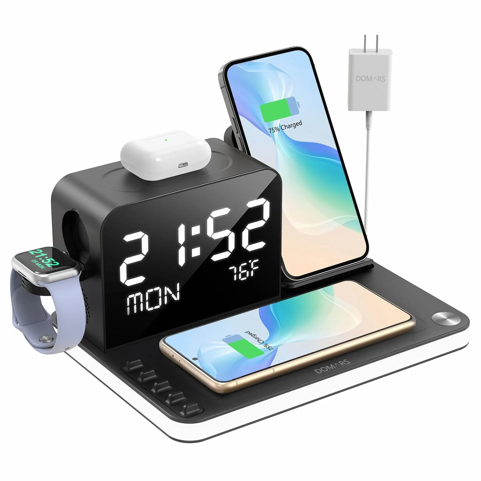 Bezprzewodowa Stacja Ładująca 7 w 1 z Zegarem, Szybka Ładowarka Indukcyjna 30W Bluetooth i Termometr, Stacja Dokująca kompatybilna z iPhone 17 16 15 14 13 12 Pro Max, Apple Watch, AirPods