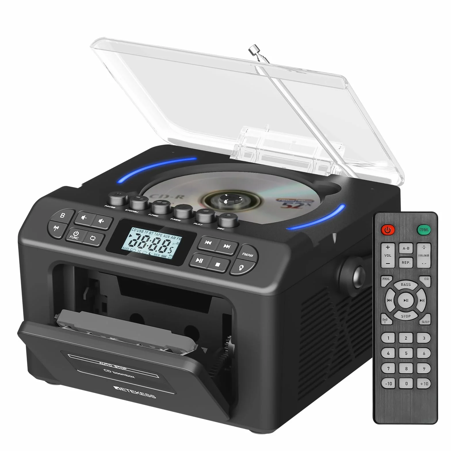 Retekess TR642 Przenośny Odtwarzacz CD Boombox | Do Rozrywki Domowej, Bezprzewodowe Połączenie, Porty USB/AUX/TF, Ładowalny Akumulator, Podświetlenie Nastrojowe, Z Pilotem