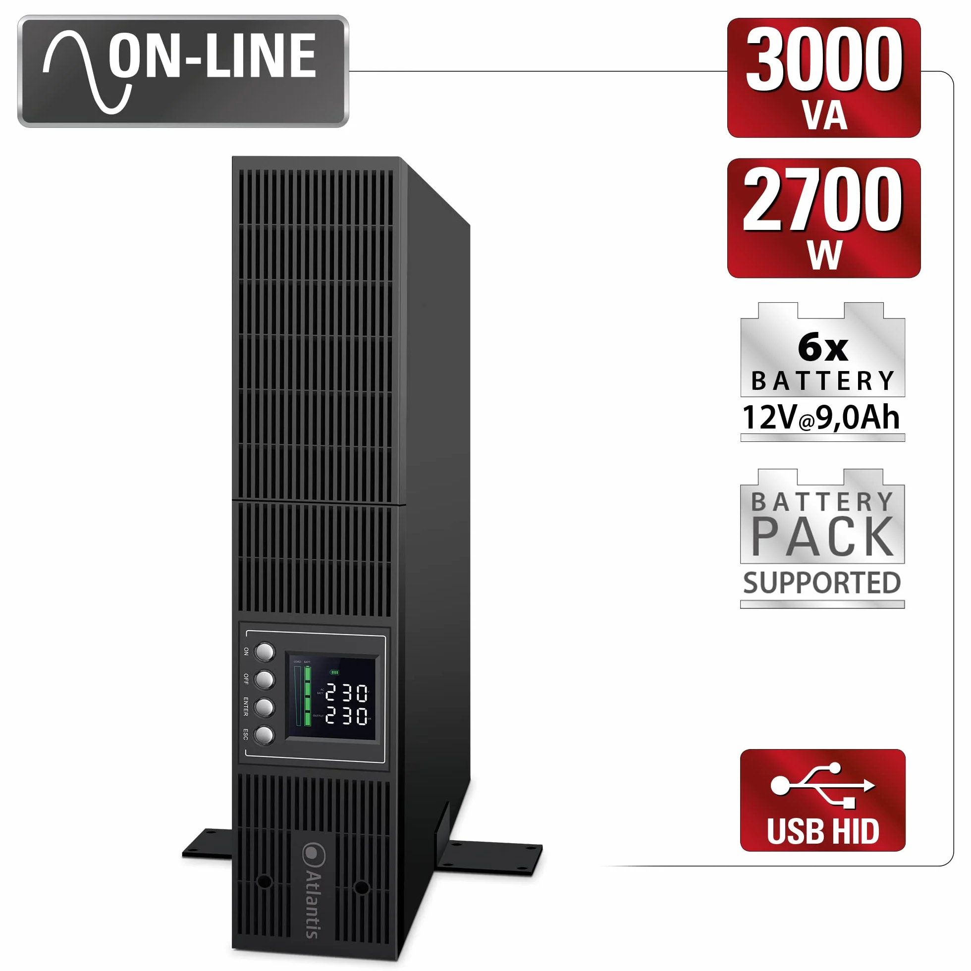Atlantis A03-OP3002P-RC PRO UPS OnLine Zasilacz bezprzerwowy Podwójnej konwersji Czysta fala sinusoidalna 3000VA 2700W, serwer RACK, wyświetlacz LCD, USB, szeregowy RS-232, 8 wyjść IEC, gniazda SNMP, 6x12V-9Ah