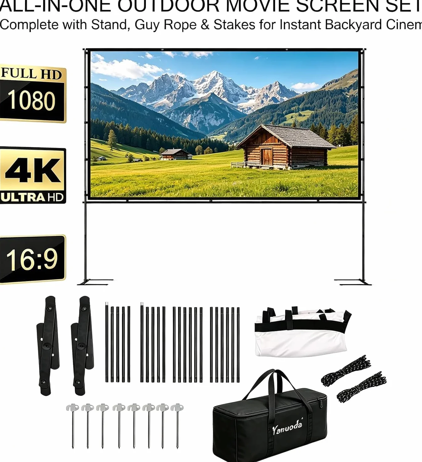 100-calowy Przenośny Ekran projekcyjny ze Statywem | 16:9 HD 4K Bez Zagnieceń, do Użytku Wewnątrz i Na Zewnątrz, Idealny do Kina Domowego i Campingu