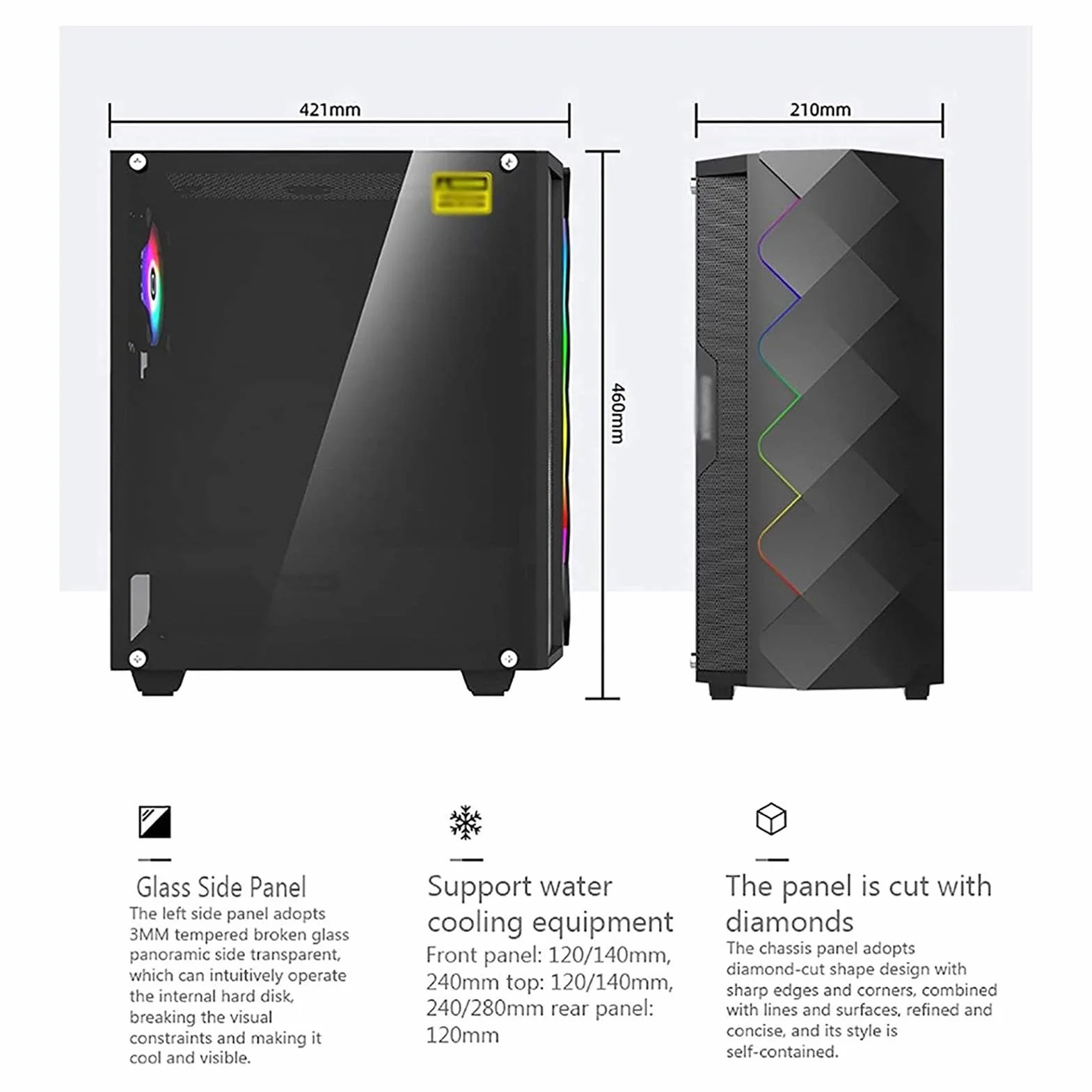 Obudowa Komputera Typu Mid-Tower E-ATX/ATX/M-ATX, Panel Boczny Ze Szkła Hartowanego, Przedni Panel Z Siatki, Obudowa Komputera Stacjonarnego, Tryb Oświetlenia RGB(Black)