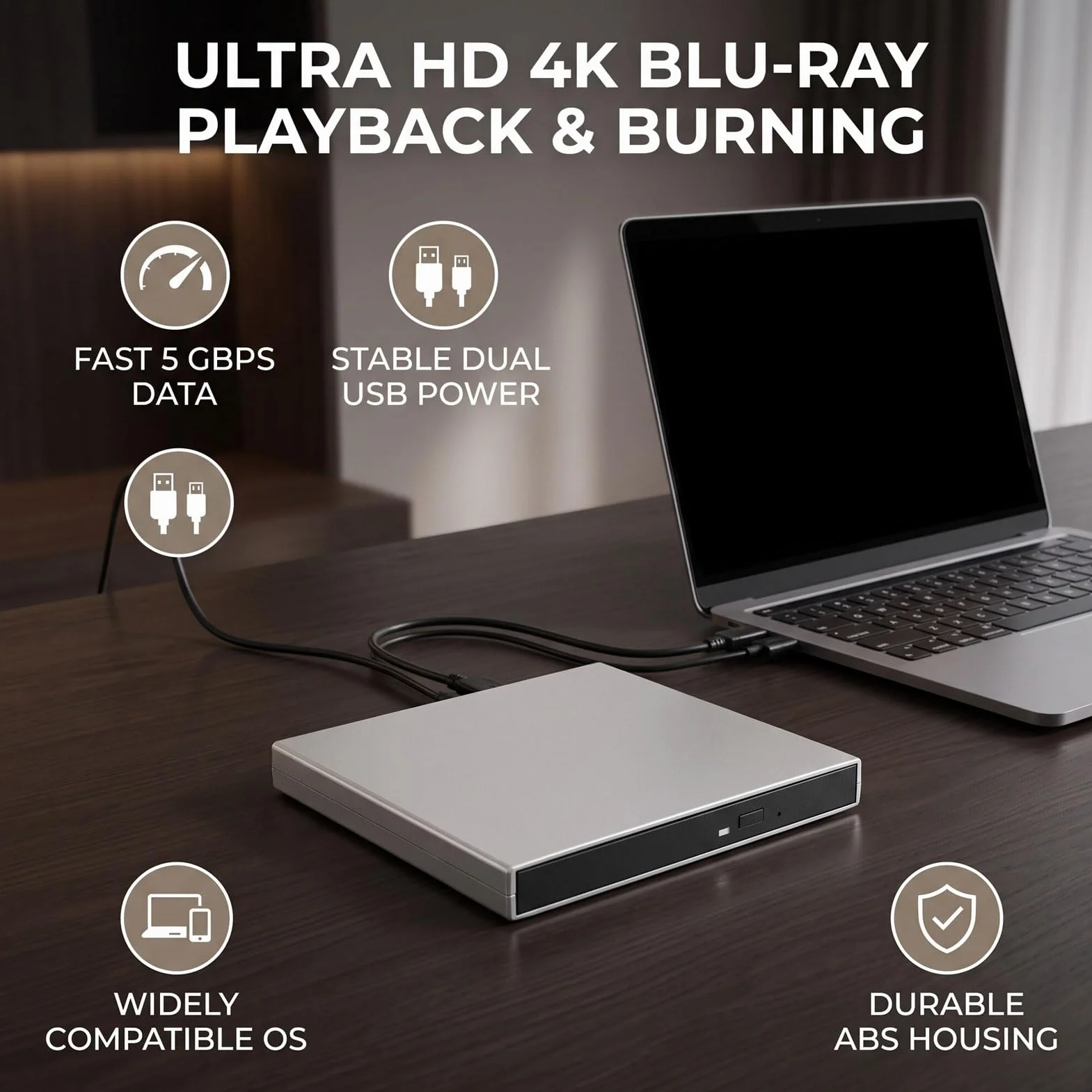 Fockety Zewnętrzny Napęd CD DVD 4K USB do Laptopa Stacjonarnego (BLACK) | Ultra Cienki, Plug & Play, Przenośny Odtwarzacz DVD CD ROM +/RW Odtwarzacz Dysków Optycznych Nagrywarka Czytnik Writer