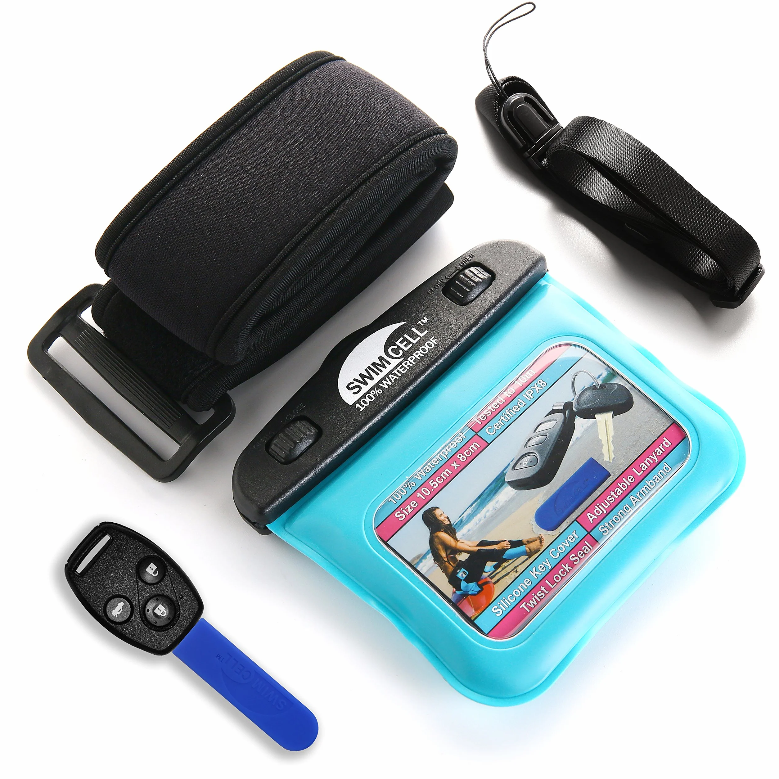 SwimCell Wodoszczelna torba na kluczyki do pływania, uchwyt na kluczyki samochodowe, srebrny, odtwarzacz MP3, regulowany pasek na ramię, nadgarstek lub kostkę, IPX8 do biegania.