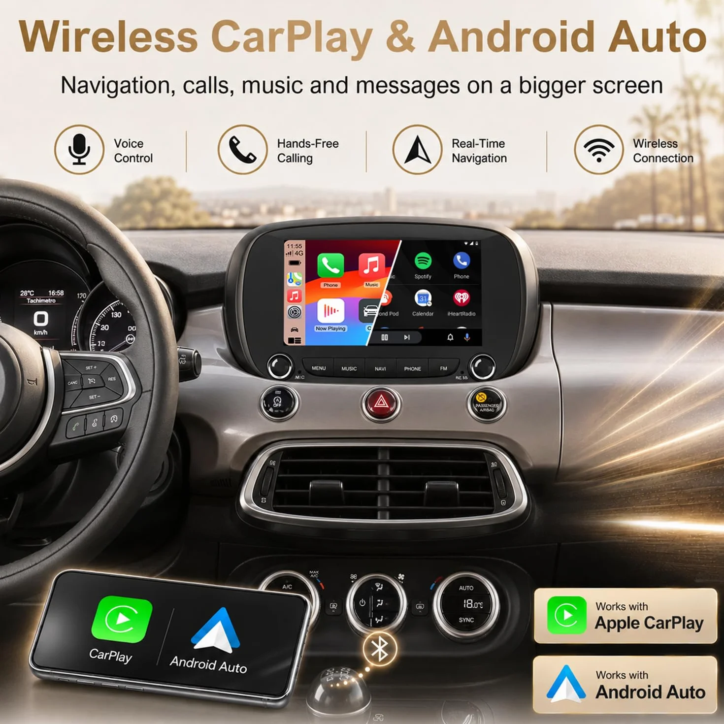 Linux radio samochodowe do FIAT 500X 2014-2020 z CarPlay i Android Auto | 7-calowy wyświetlacz HD, Plug & Play, Bluetooth, FM/AM/RDS/USB/DSP