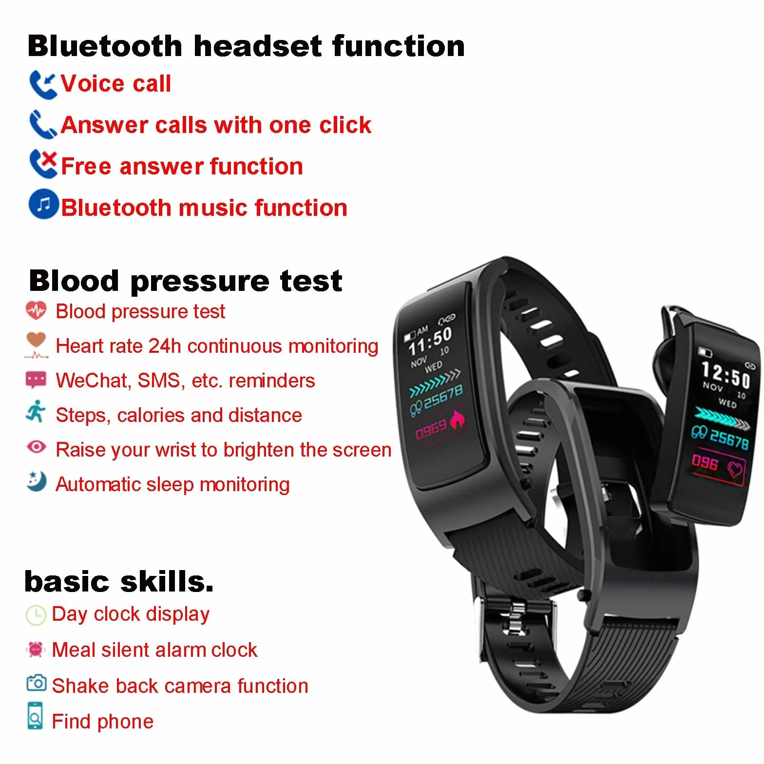 Inteligentny zegarek IP67 Wodoodporny monitor fitness Inteligentny zegarek z monitorem tętna i temperatury ciała/Bluetooth 4.0 Zegarek sportowy 0,96 cala HD Ekran IPS Niebieski (niebieski) little