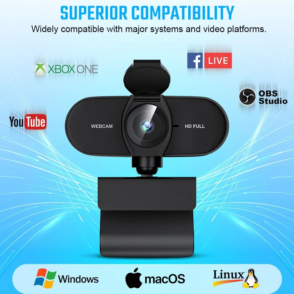 OFFCUP Kamera internetowa HD 1080P z mikrofonem, osłoną prywatności, USB Plug and Play, szerokokątna do komputera