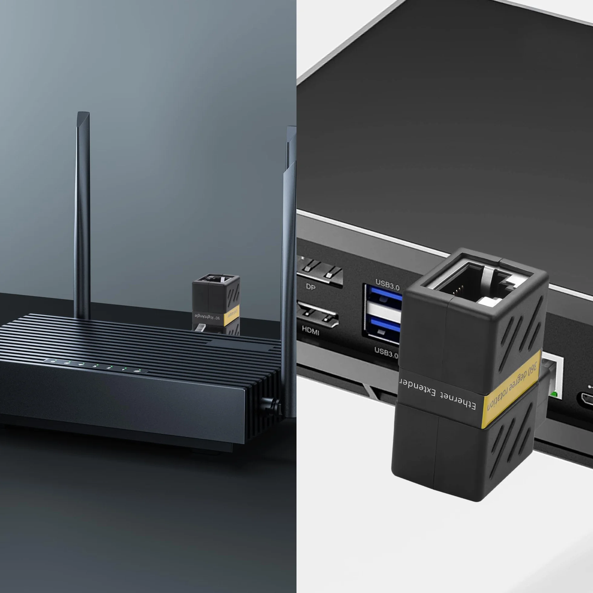 YAODHAOD Adapter Ethernet 360 stopni Gigabit 90 stopni, obrotowy adapter RJ45 8P8C 1000 Mbps CAT5-CAT6 adapter przedłużający do sieci LAN Ethernet