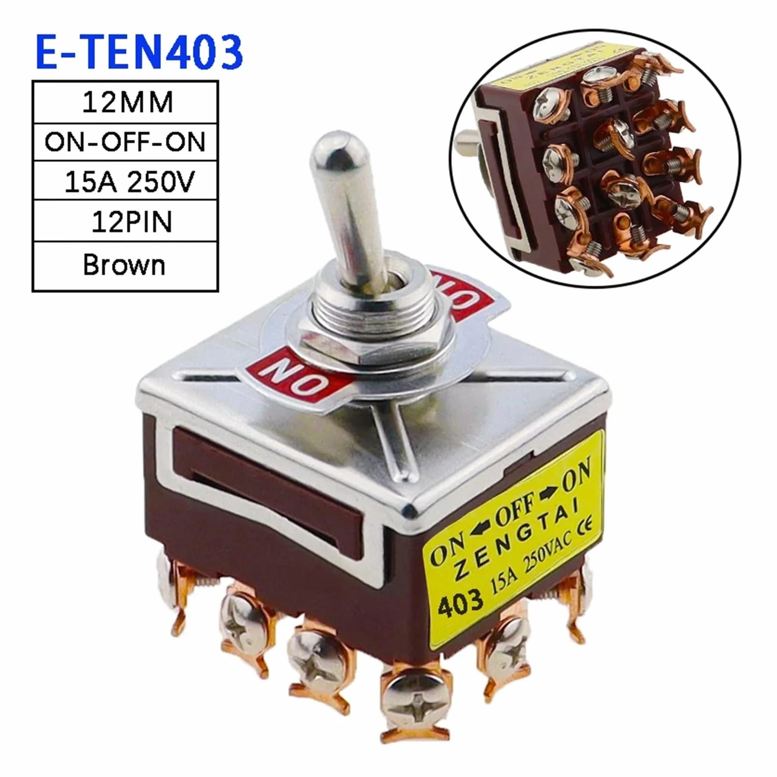 E-TEN 403 przełącznik kołyskowy ON-OFF-ON 12Pin 12mm 250V 15A srebrny styk miedziany
