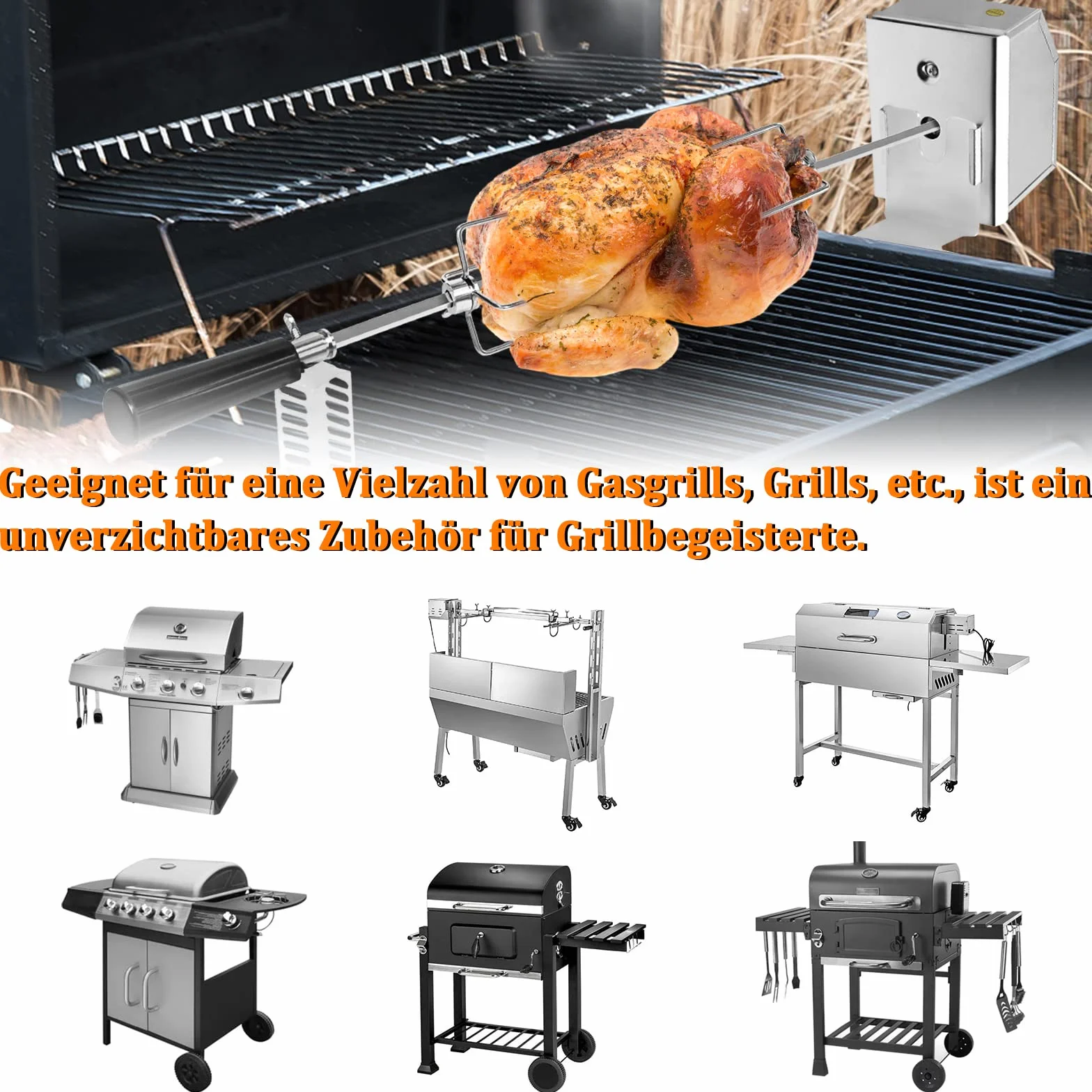 Rotisserie rożen do grilla gazowego, 107 cm, ze stali nierdzewnej, z 4 igłami do mięsa, uniwersalne zastosowanie, silnik elektryczny 220 V – 240 V, do grilla gazowego